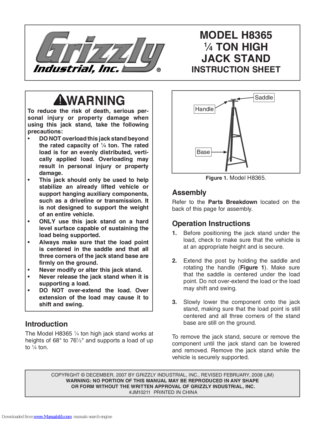 Grizzly JACK STAND H8365 Instruction Sheet