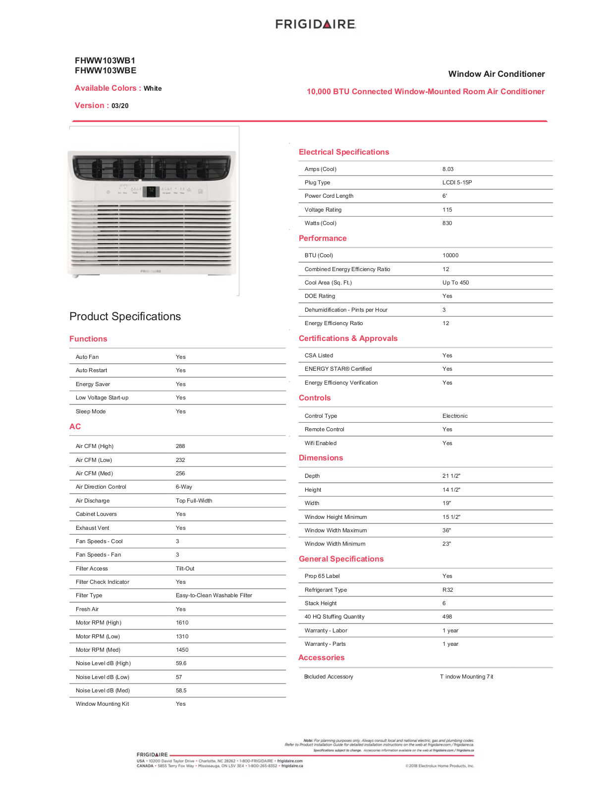 Frigidaire FHWW103WBE Specification Sheet