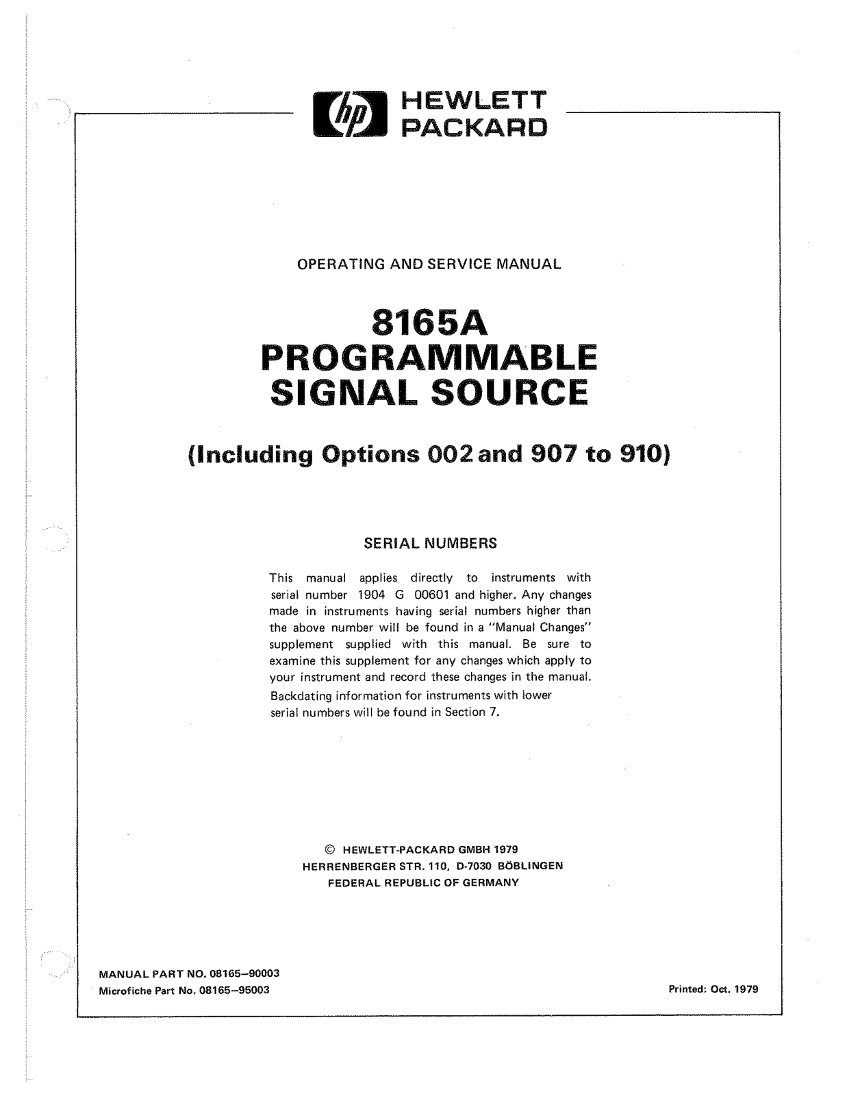 HP (Hewlett-Packard) 8165A User Manual