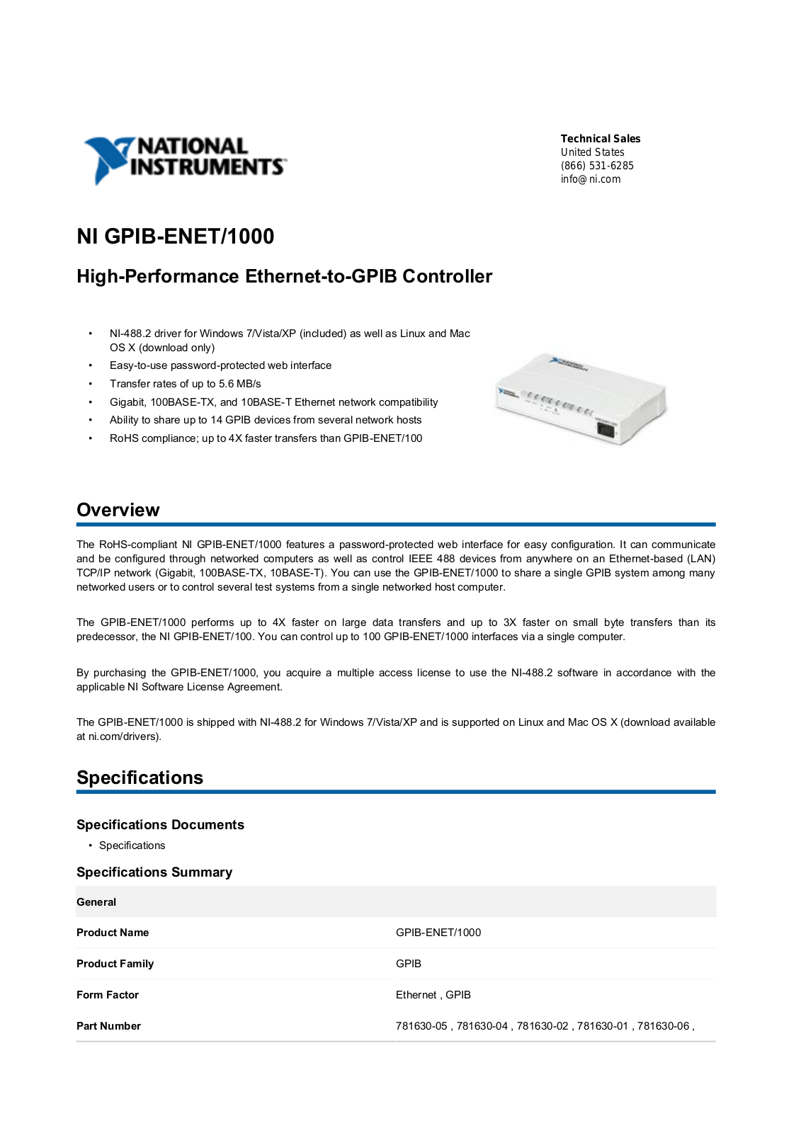 National Instruments GPIB-ENET/100 Data Sheet