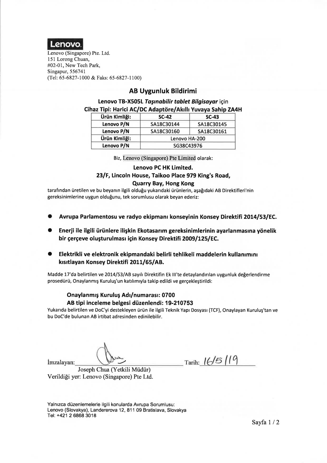 Lenovo TB-X505L Declaration of Conformity