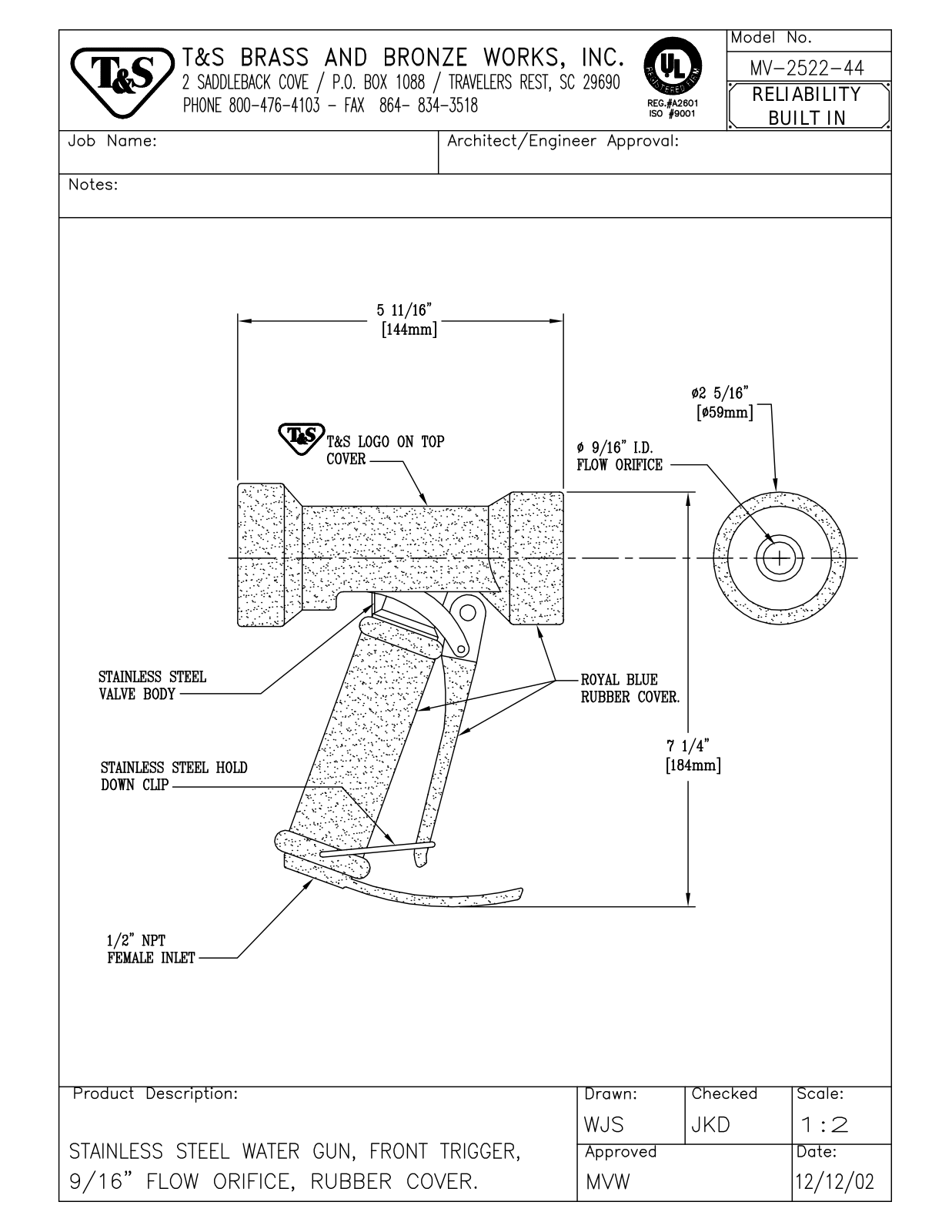 T&S Brass MV-2522-44 User Manual