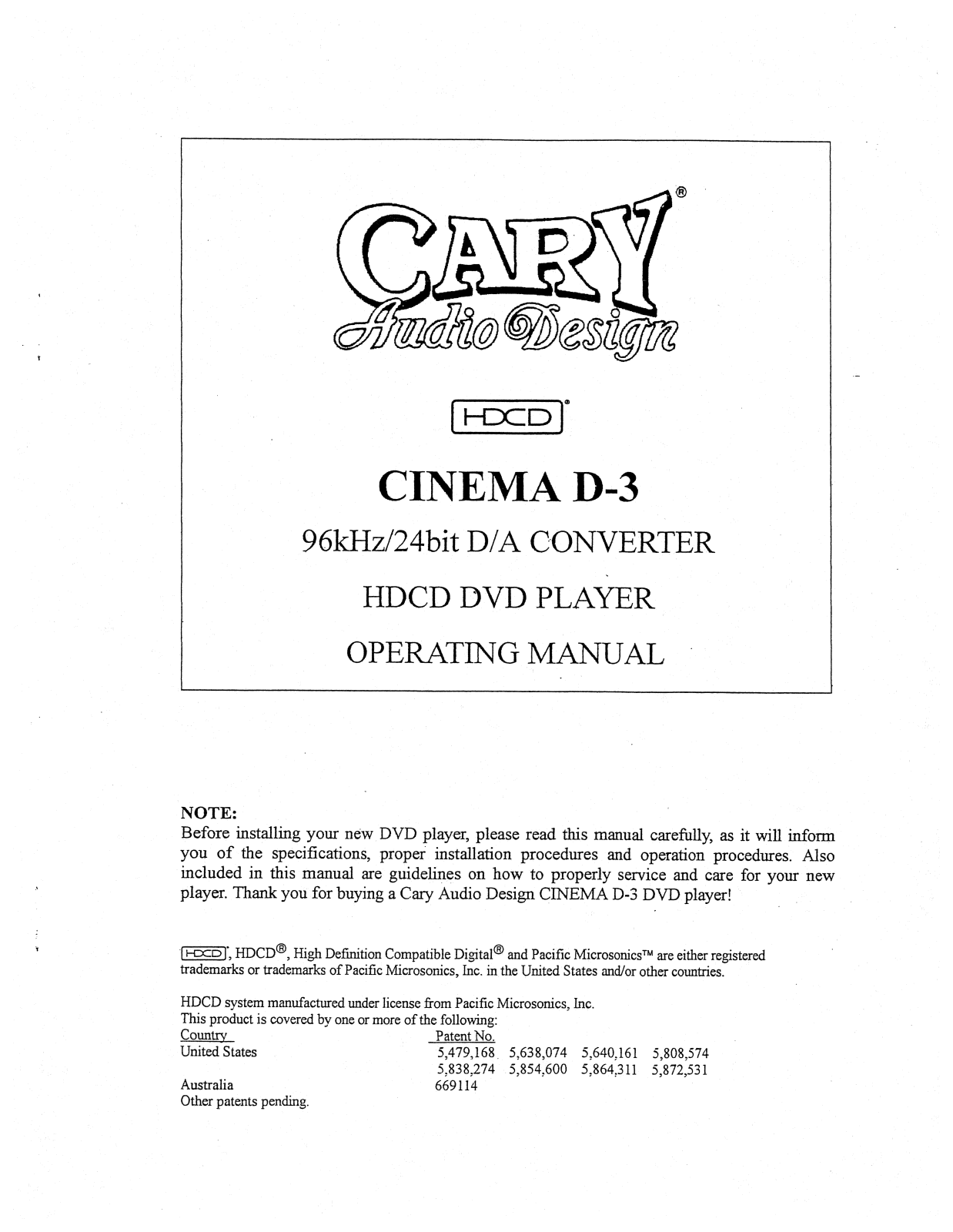 Cary Audio Cinema D-3 Owner's Manual