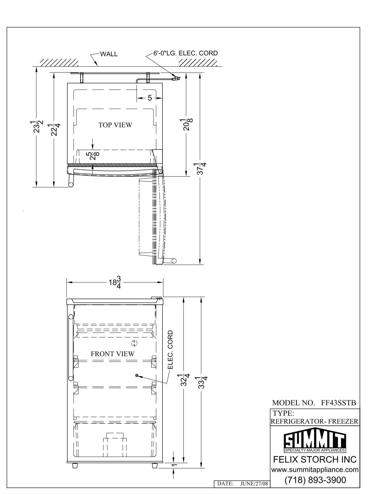 Summit FF43SSTB Technical Drawings