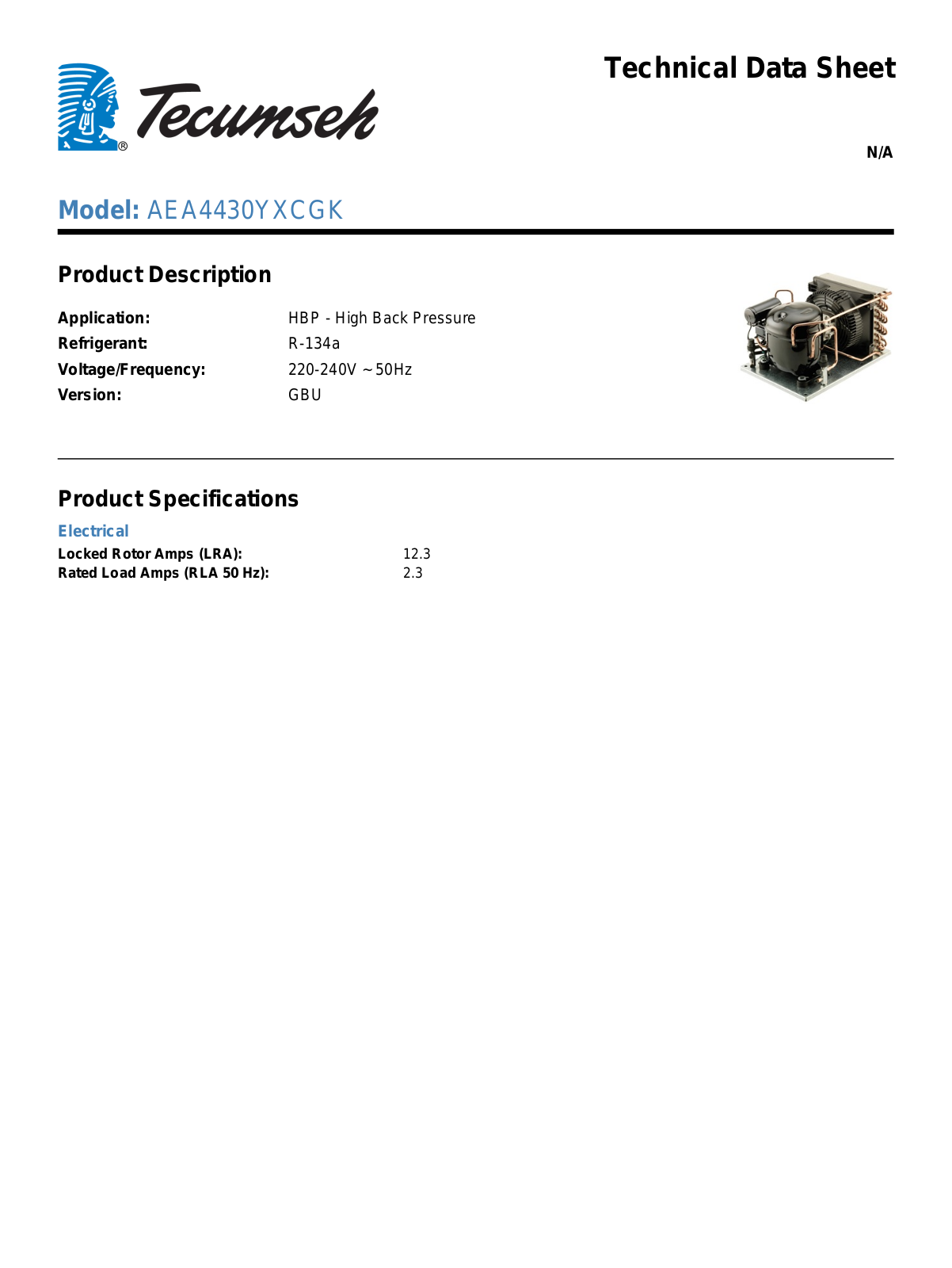 Tecumseh AEA4430YXCGK Technical Data Sheet