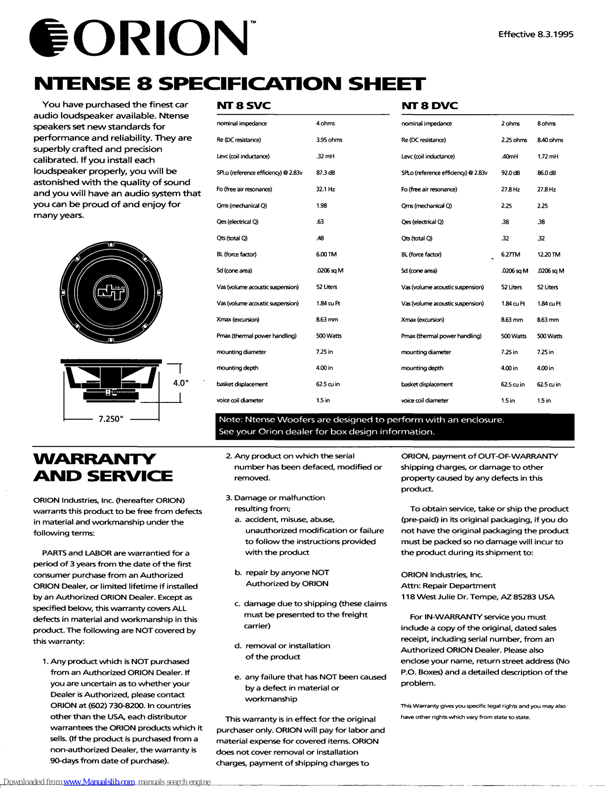 Orion Ntense NT8 DVC, Ntense NT8 SVC Specification Sheet