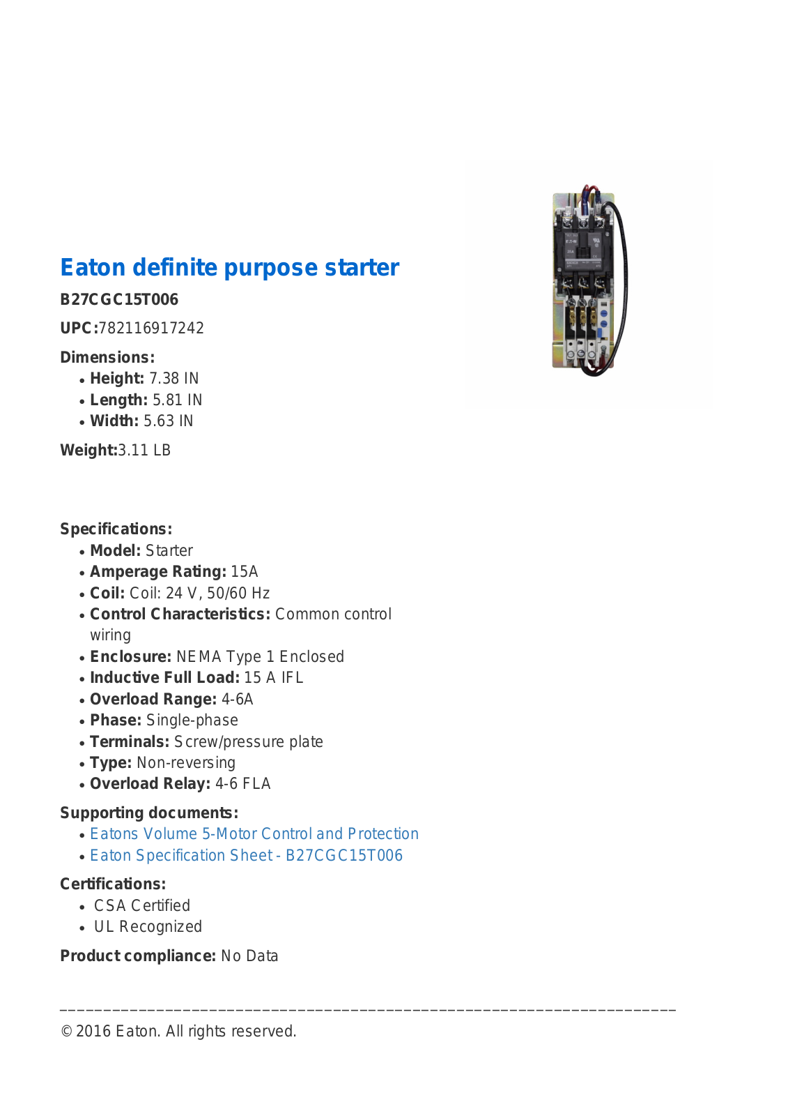 Cutler Hammer, Div of Eaton Corp B27CGC15T006 Specifications