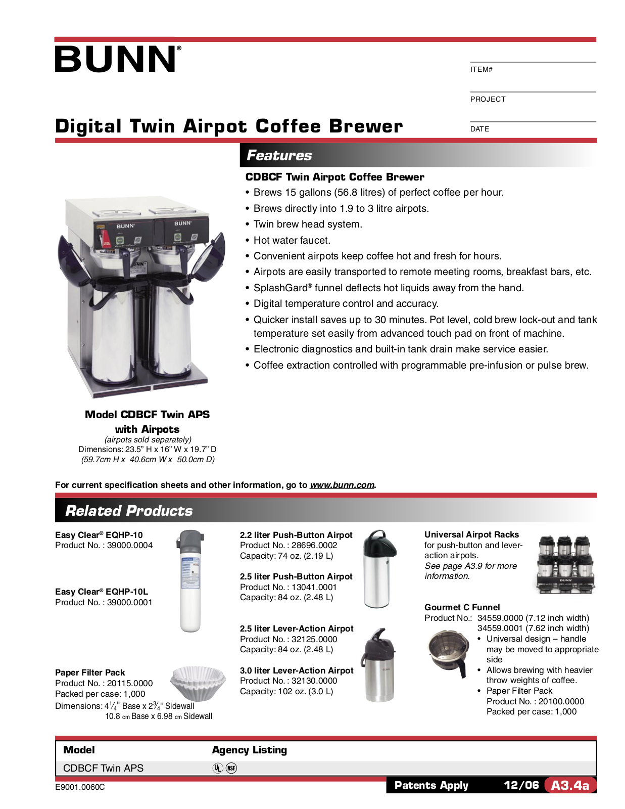 Bunn CDBCF TWIN APS User Manual