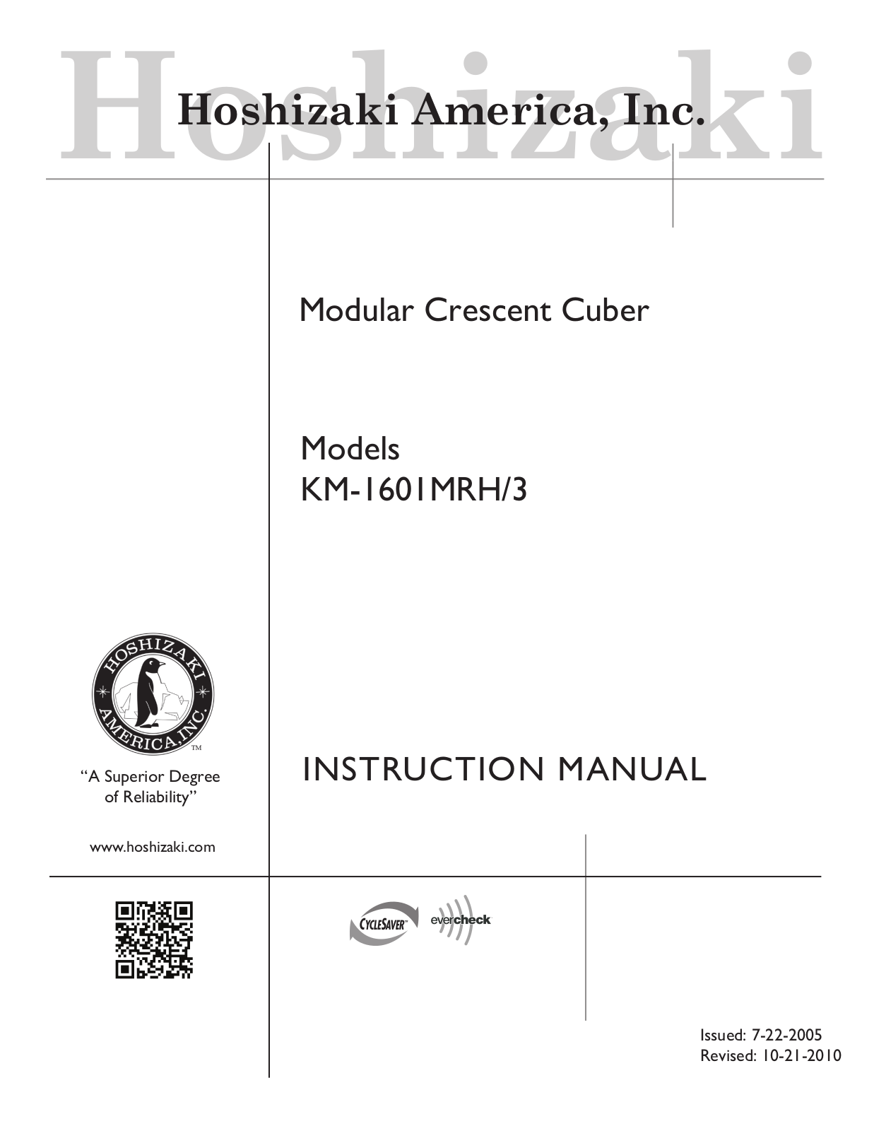 Hoshizaki KM1601SRH3, KM1601MRH, KM1601SRH, KM1601SWH3 Instructions