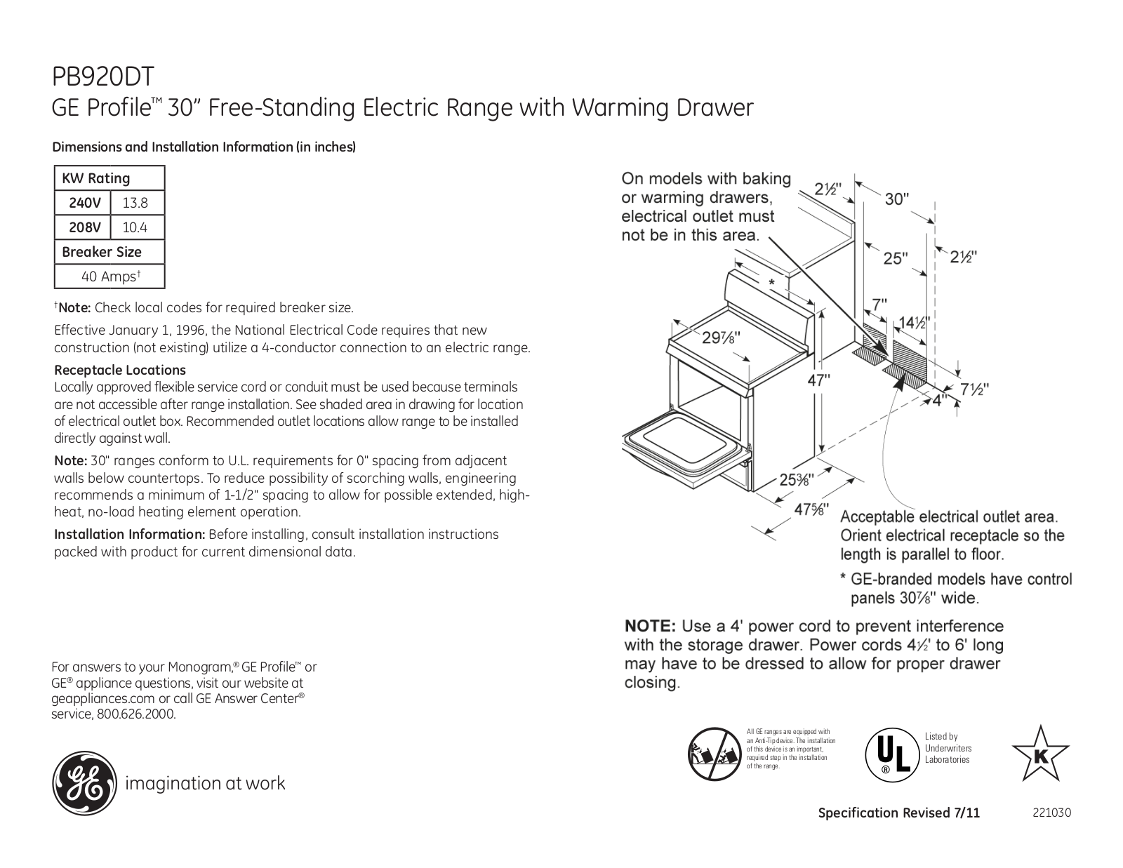 GE PB920DT Specification