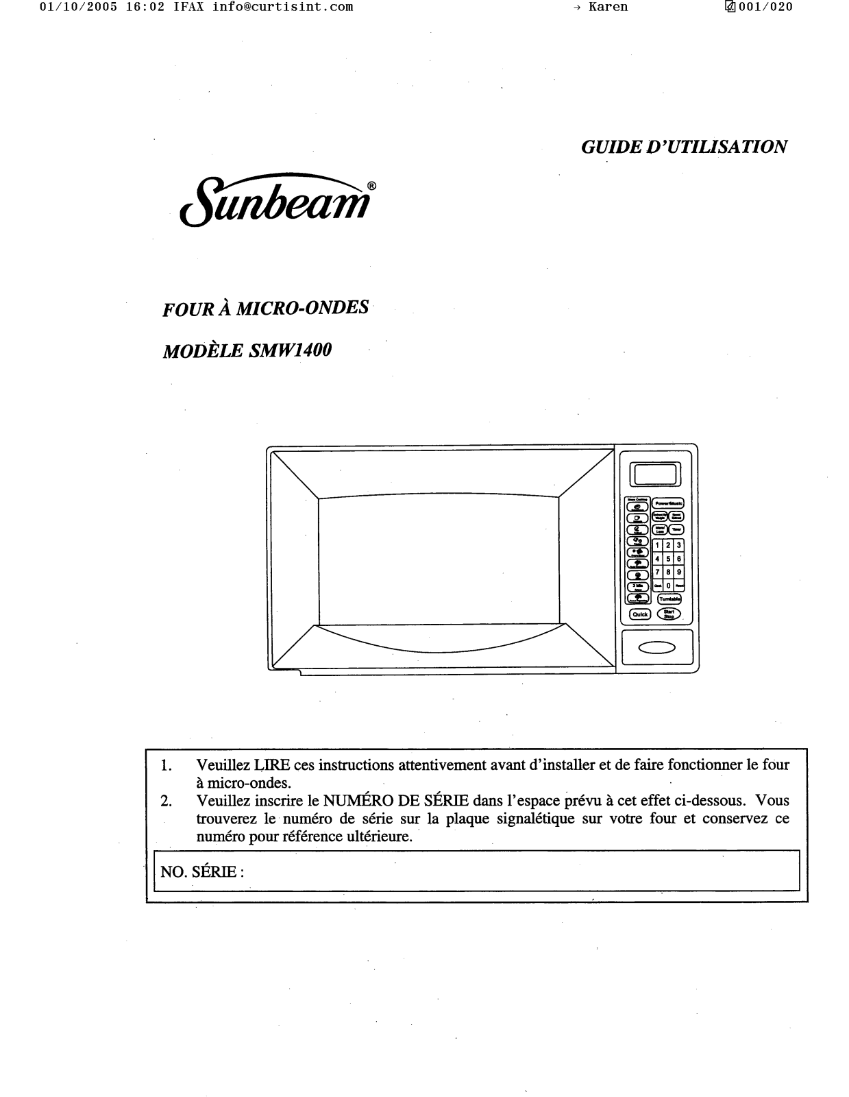 Sunbeam SMW1400 Owner's Manual