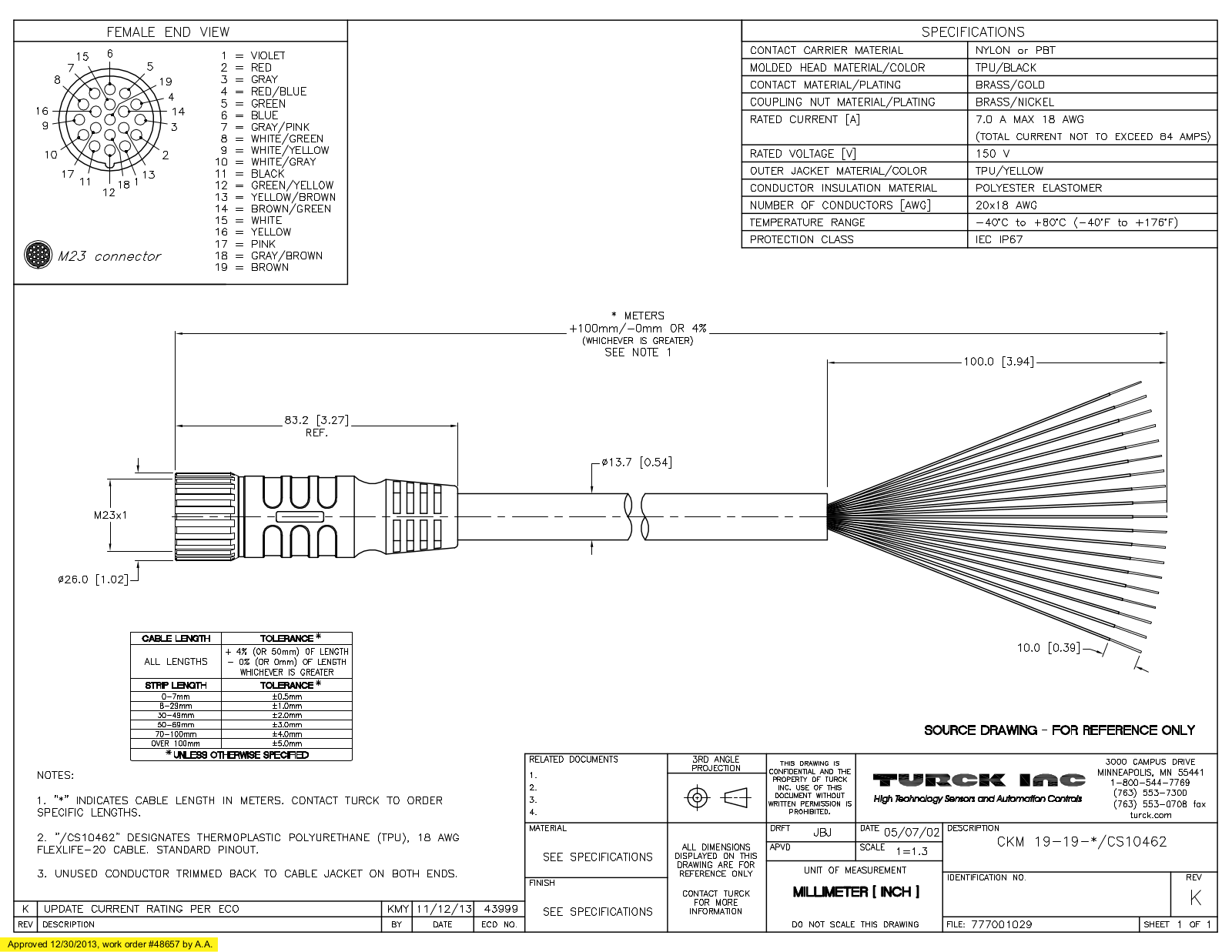 Turck CKM19-19-1/CS10462 Specification Sheet