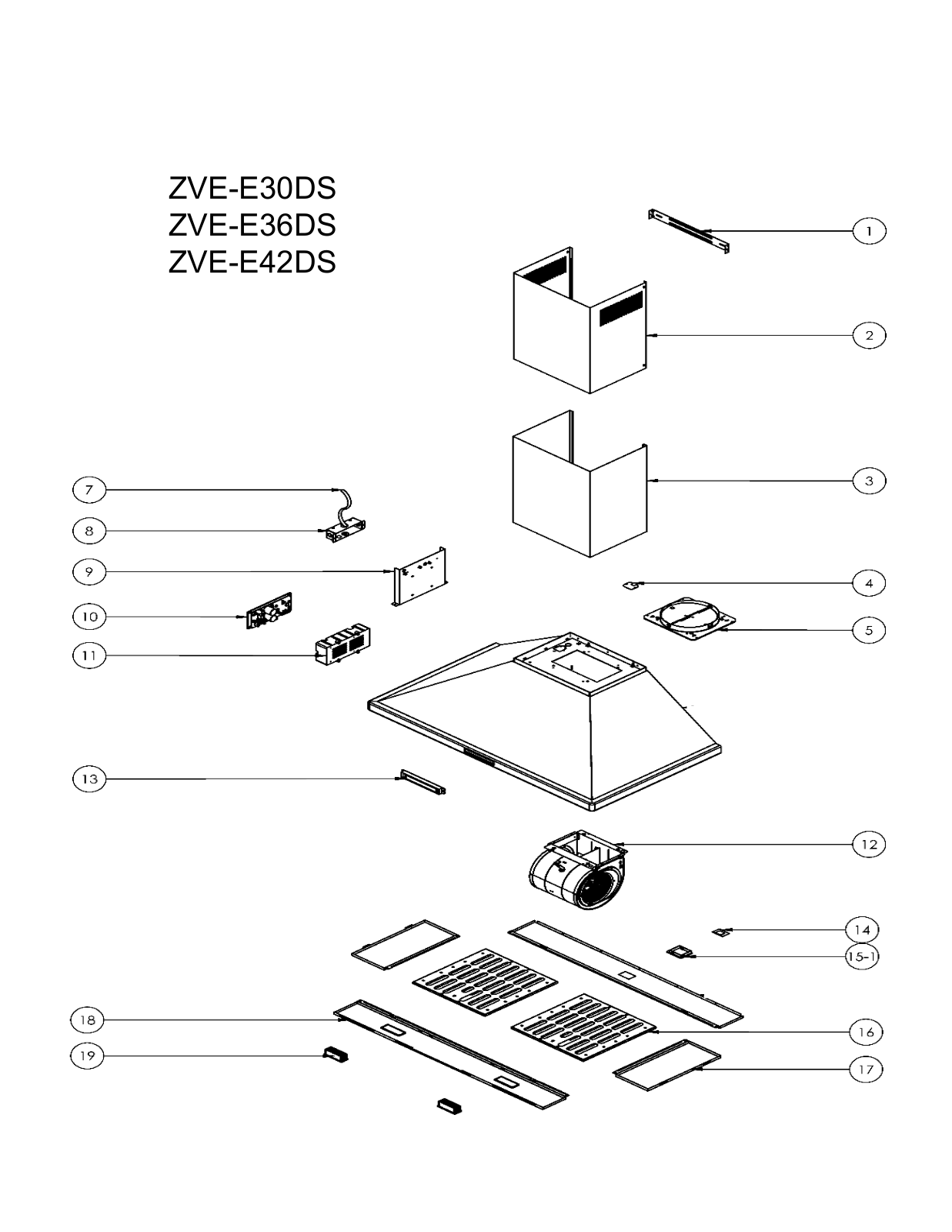 Zephyr ZVE-E30DS, ZVE-E36DS, ZVE-E42DS Exploded View Diagram