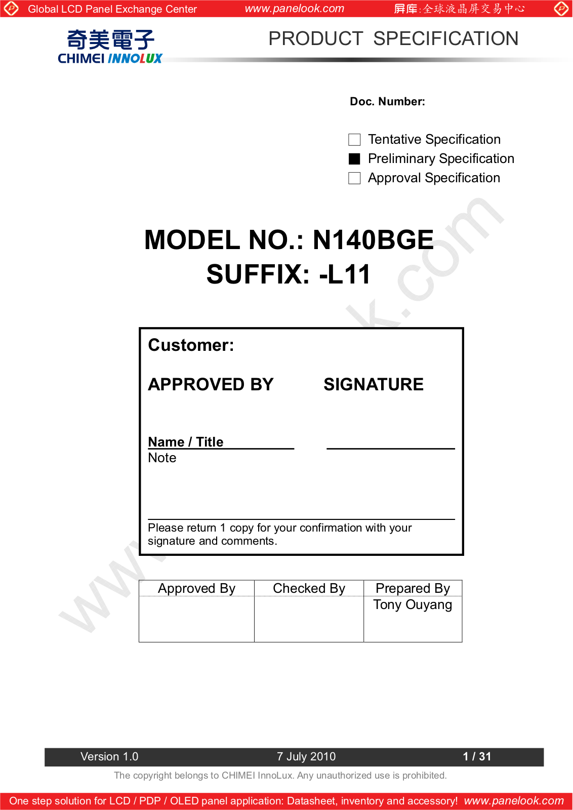 CHIMEI INNOLUX N140BGE-L11 Specification