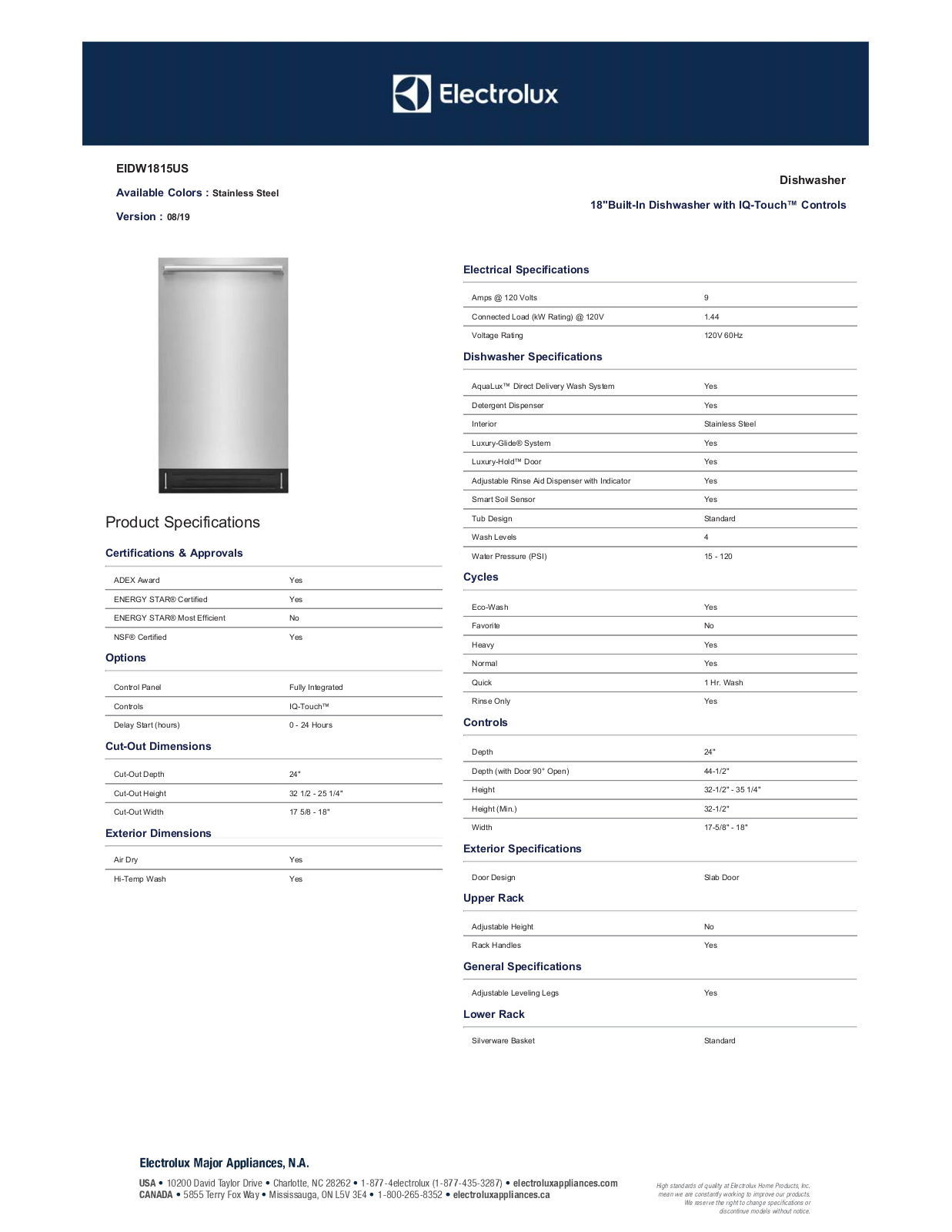 Electrolux EIDW1815US Specs