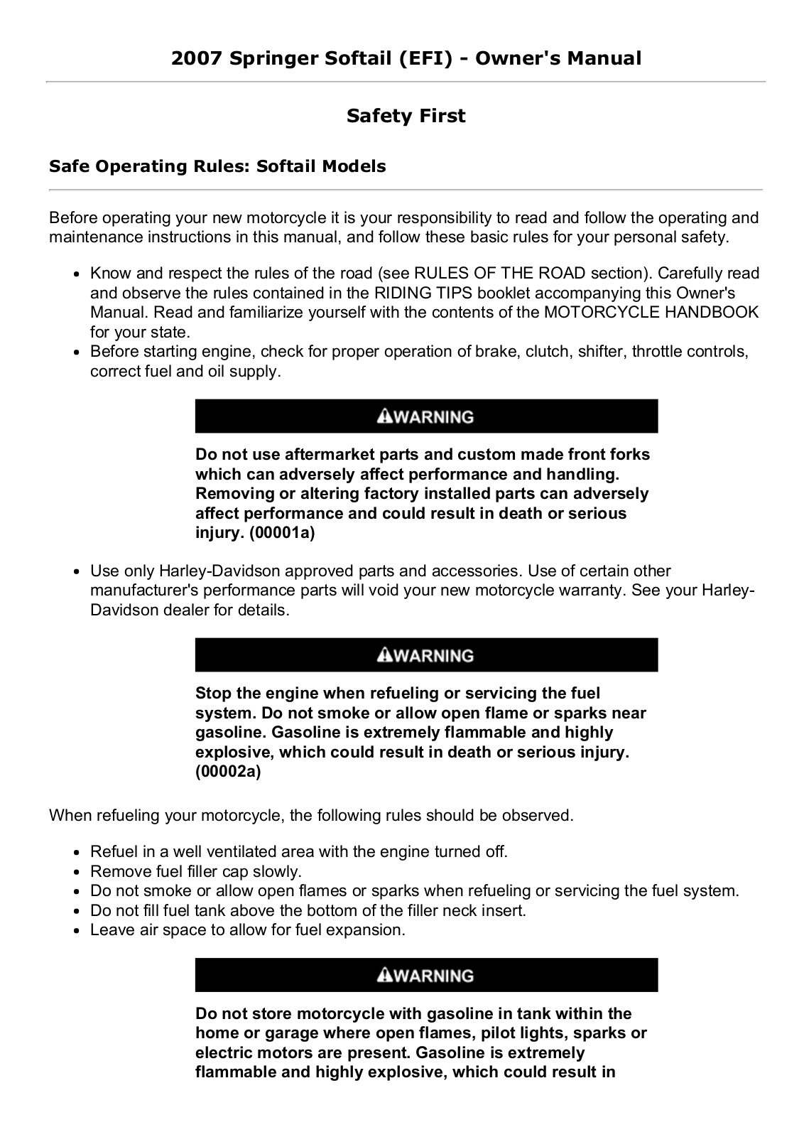 Harley Davidson Springer Softail (EFI) 2007 Owner's manual