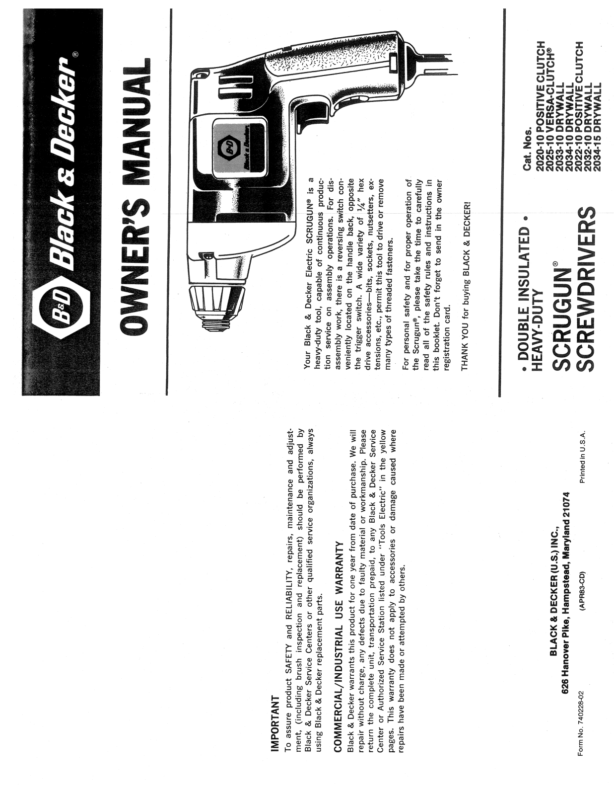 Black & Decker 2020-10, 2032-10, 2033-10, 2022-10, 2034-15 User Manual