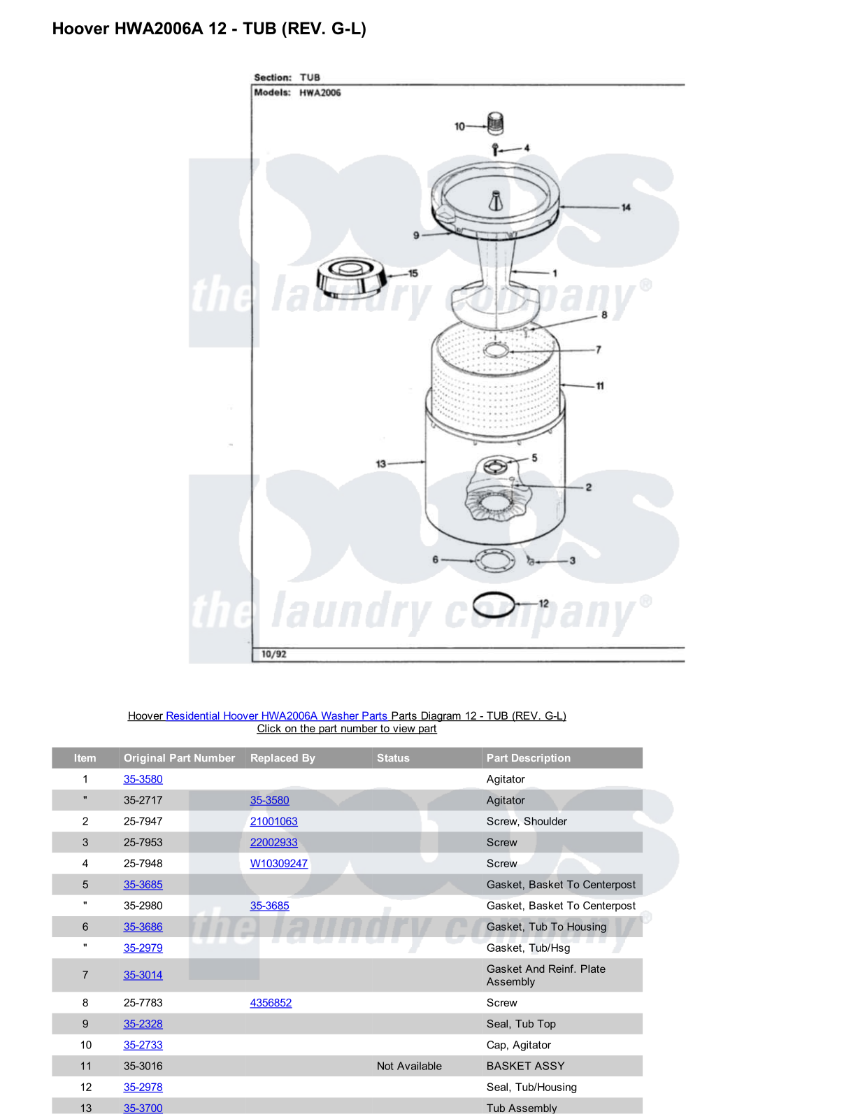 Hoover HWA2006A Parts Diagram