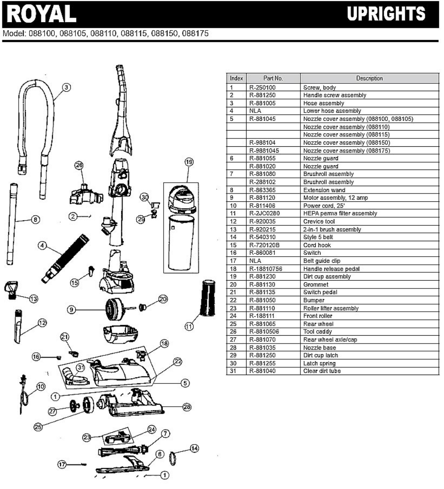 Royal 088150 Parts List