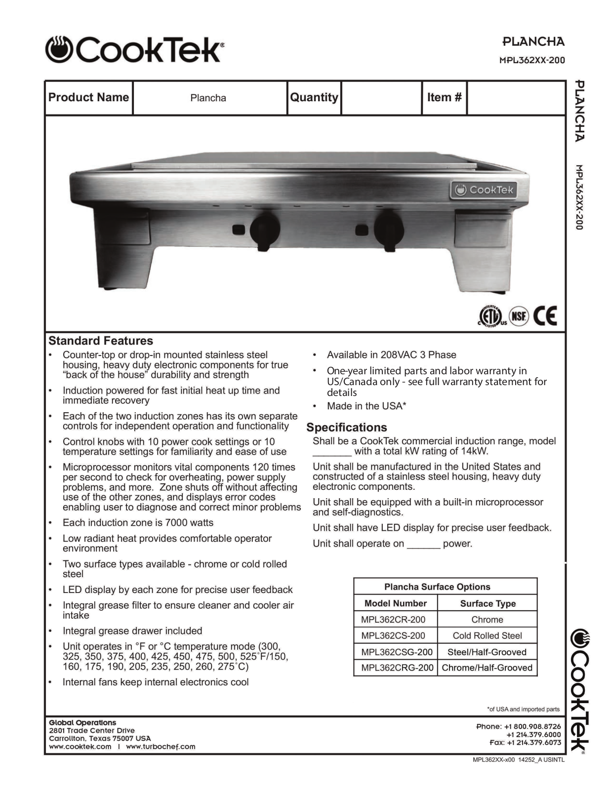 Cooktek MPL362CR-200 User Manual