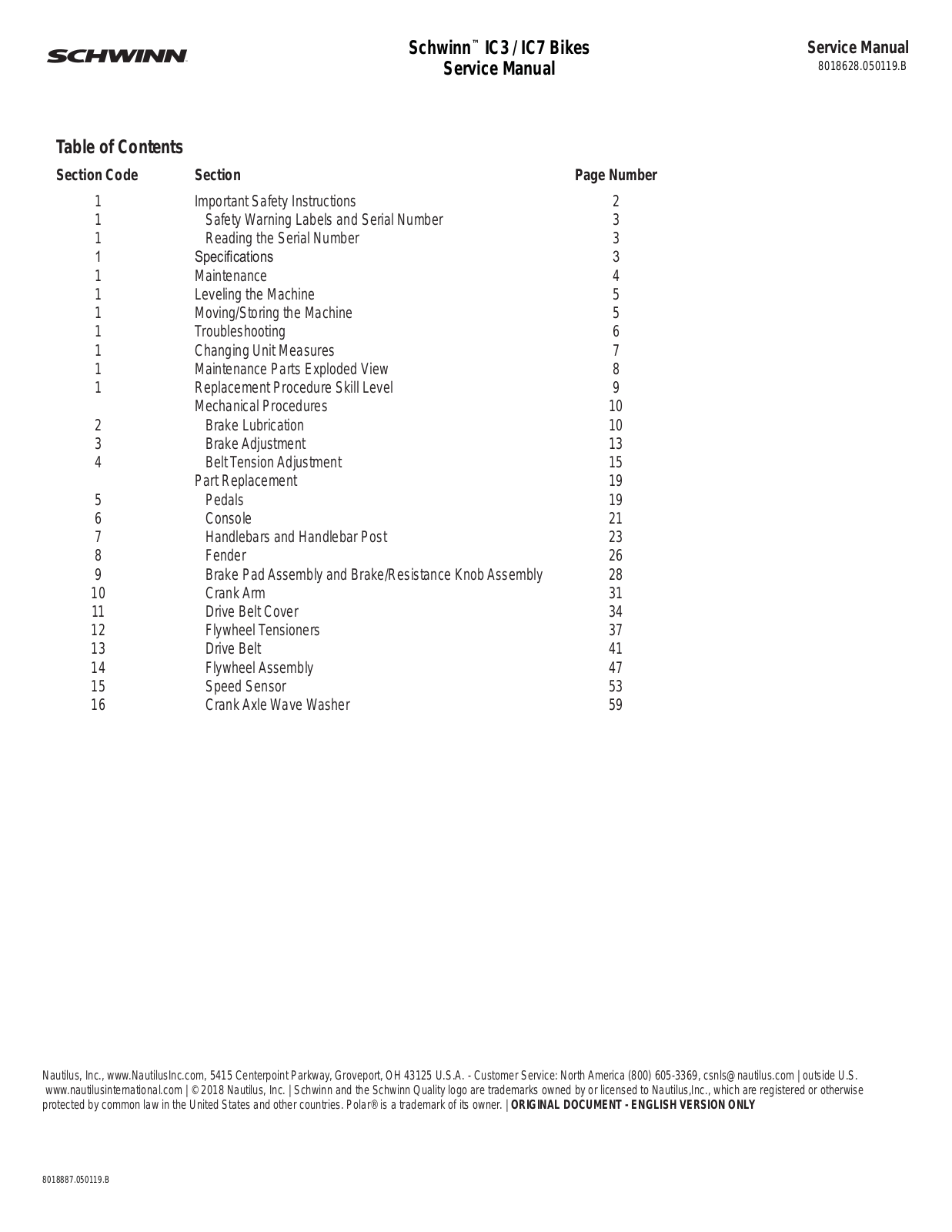 Nautilus Schwinn IC3, Schwinn IC7 Service Manual