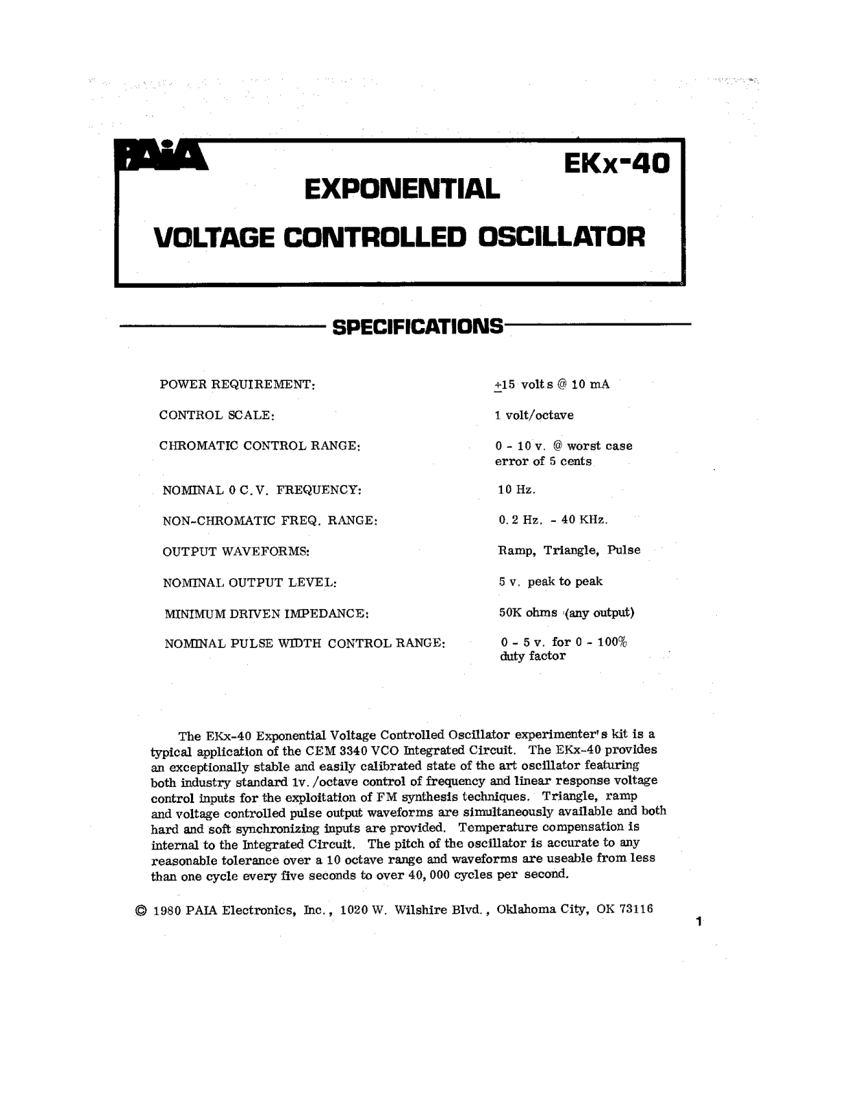 PAiA Electronics EKx-40 Instruction Manual