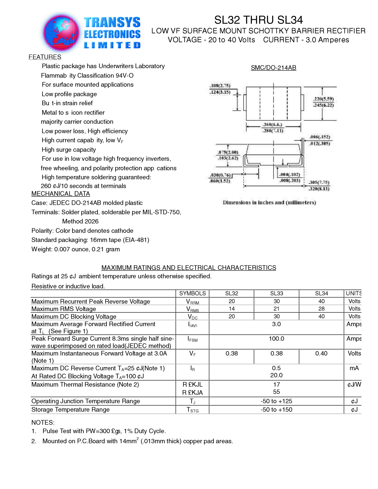 TEL SL32, SL33, SL34 Datasheet