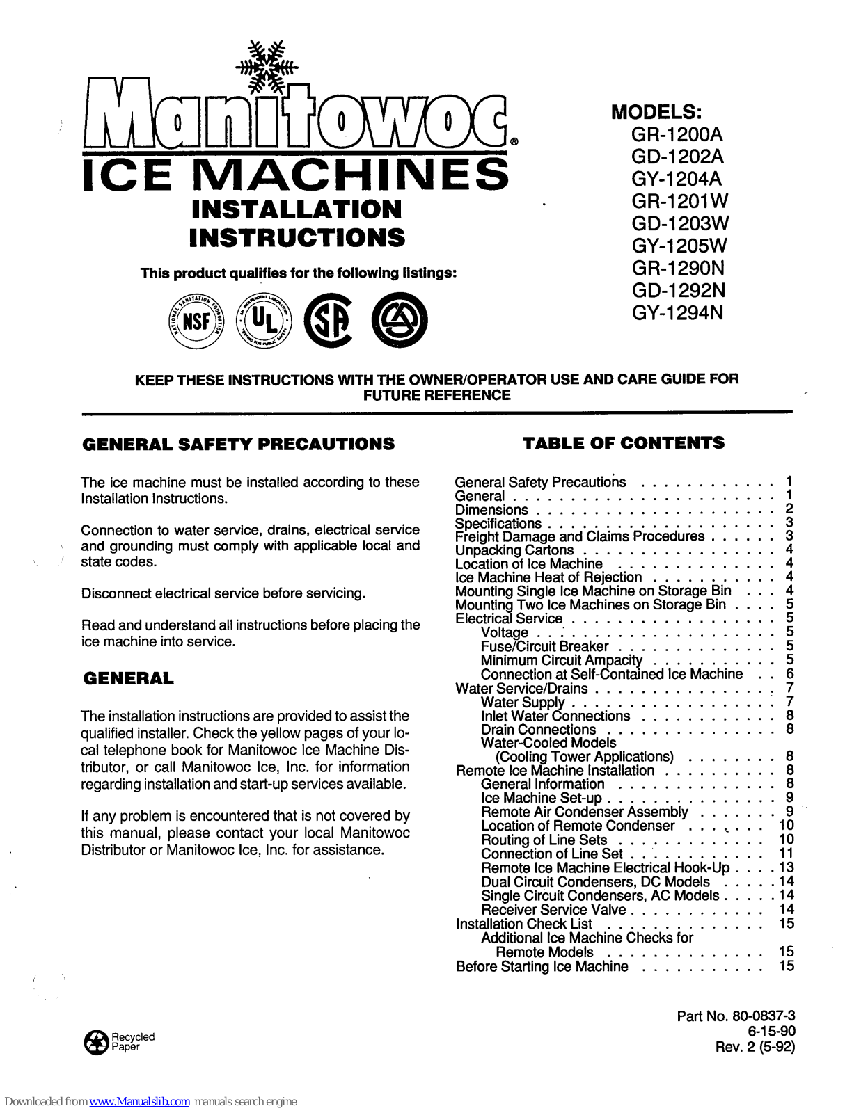 Manitowoc GR1200A, GR1203W, GR1202A, GR1205W, GR1204A Instructions Manual