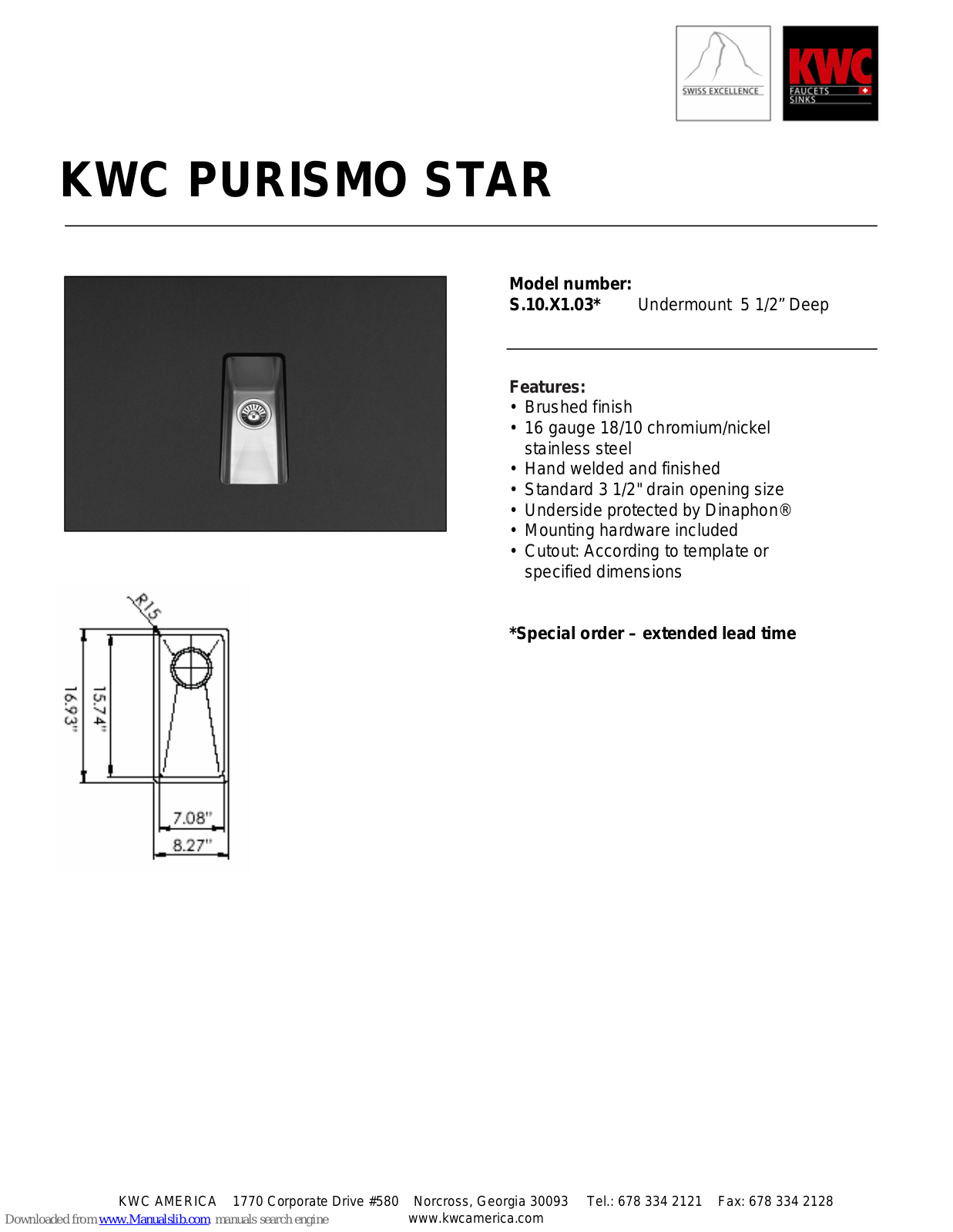 KWC Purismo Star S.10.X1.03 Specification Sheet