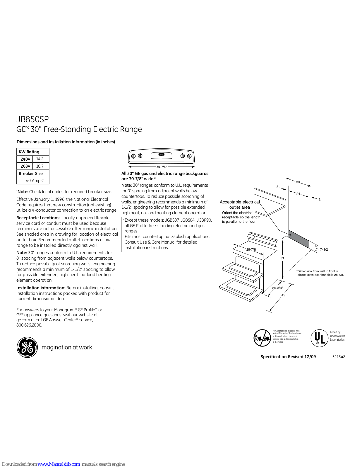 GE JB850SPSS, JB850SP Dimensions And Installation Information