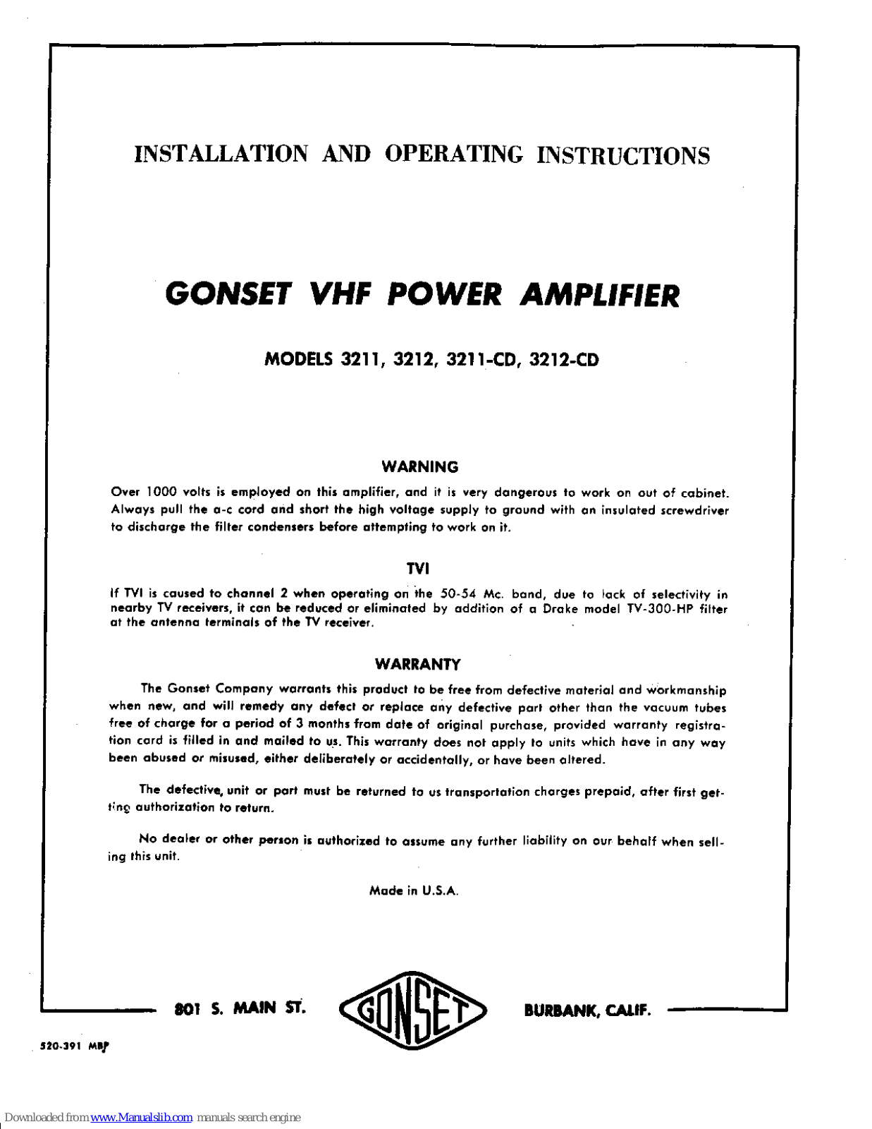 Gonset 3211, 3212, 3211-CD, 3212-CD Installation And Operating Instructions Manual