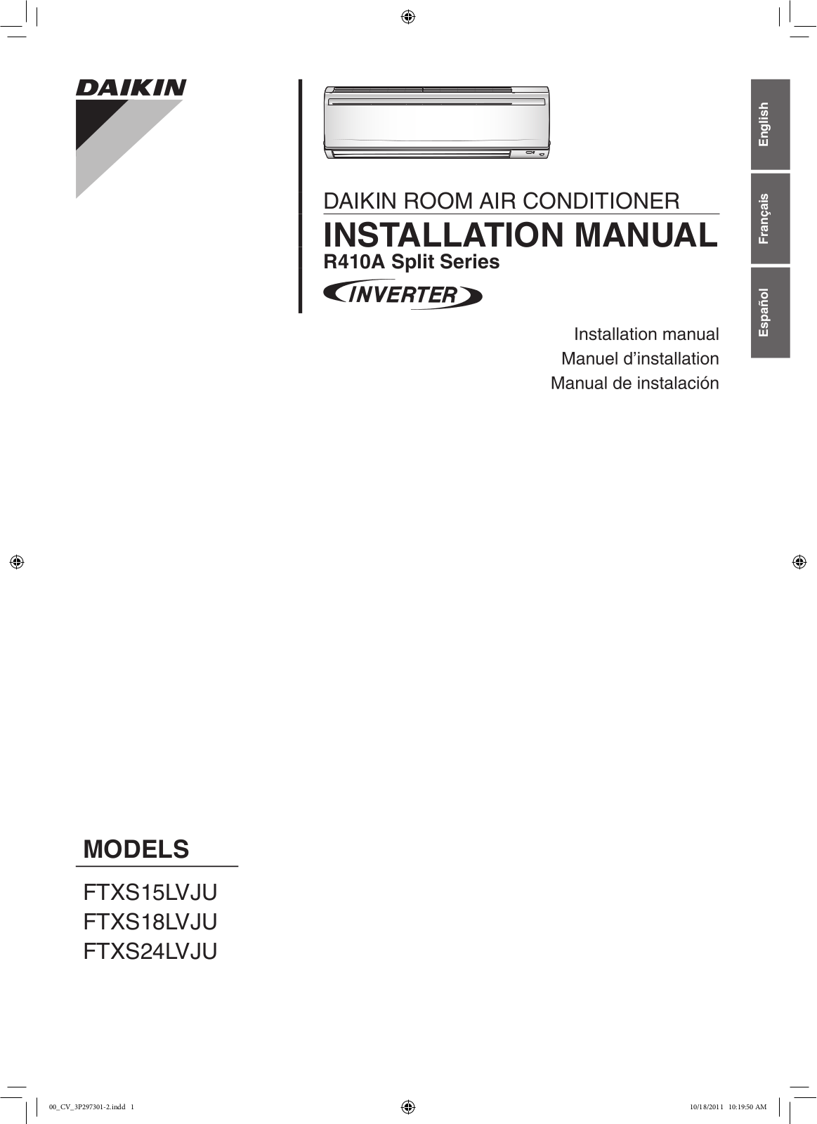 DAIKIN FTXS15LVJU, FTXS18LVJU, FTXS24LVJU INSTALLATION MANUAL