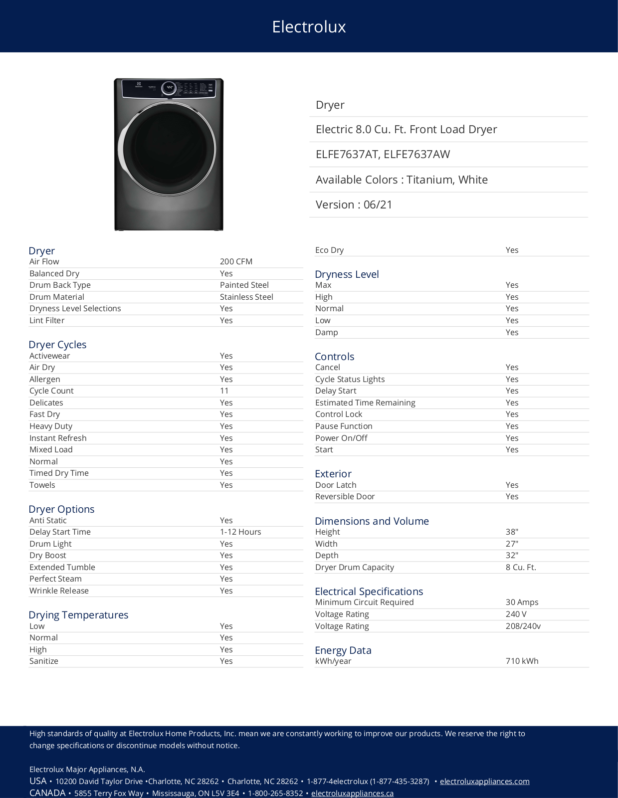 Electrolux ELFE7637AT, ELFE7637AW Specification Sheet