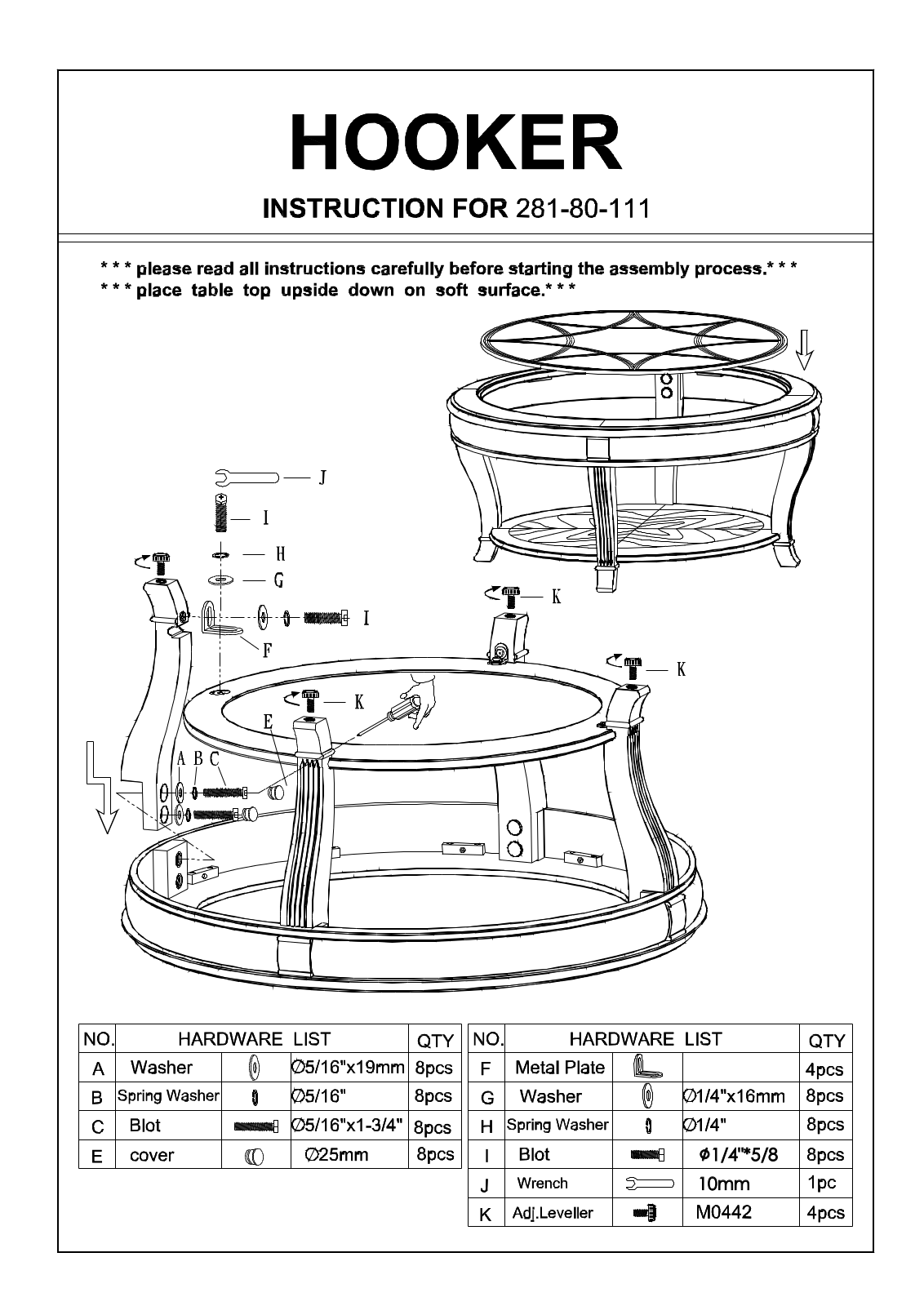 Hooker Furniture 28180111 Assembly Guide