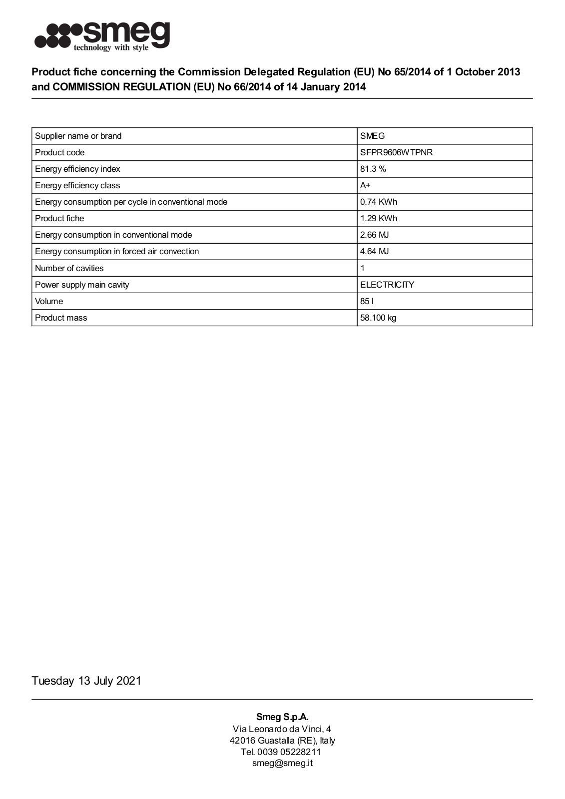 Smeg SFPR9606WTPNR product information sheet