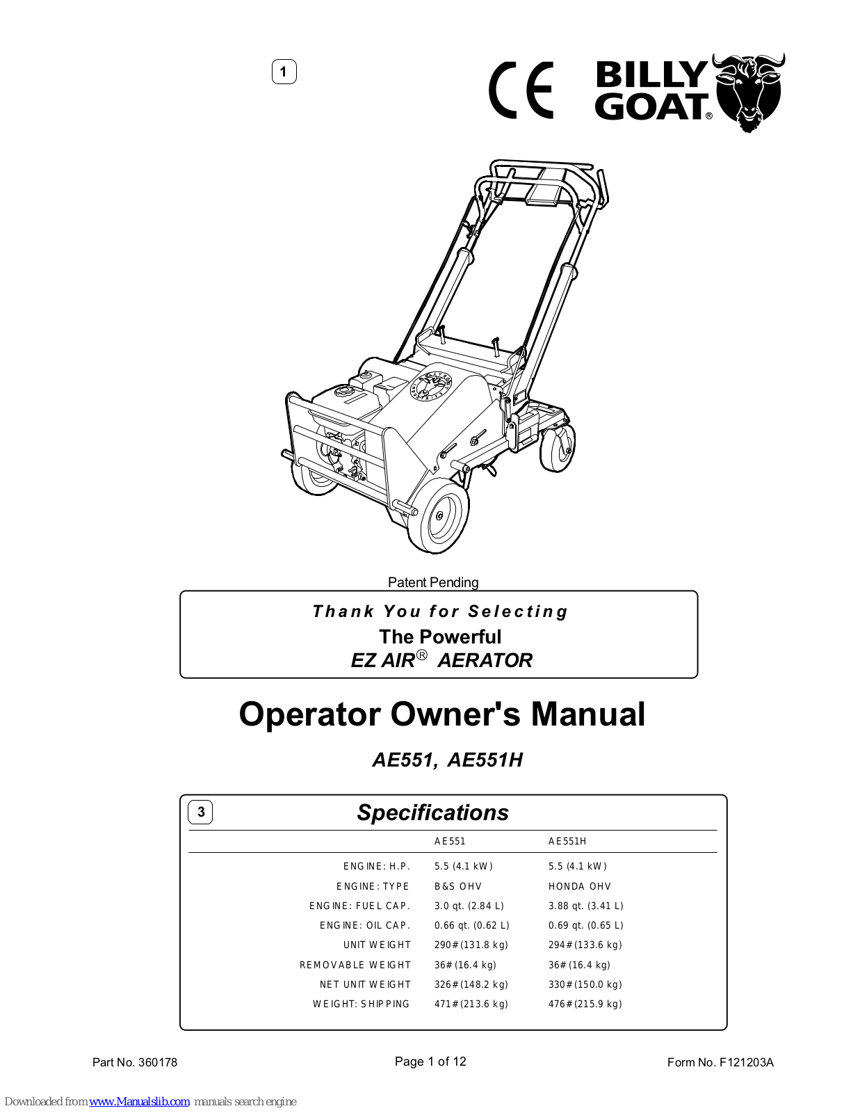 Billy Goat AE551H Operator Owner's Manual