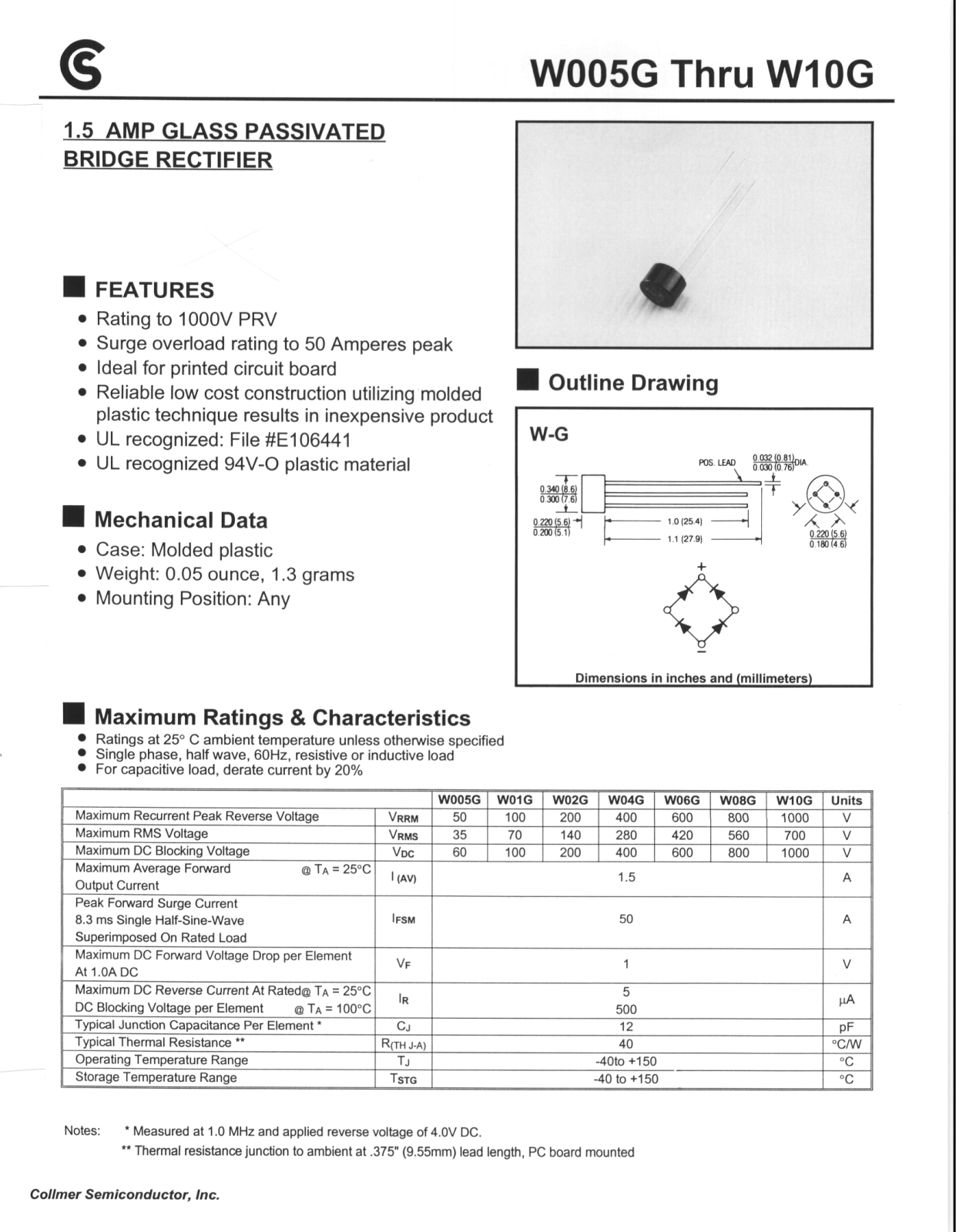 Collmer Semiconductor W10G, W08G, W06G, W04G, W02G Datasheet