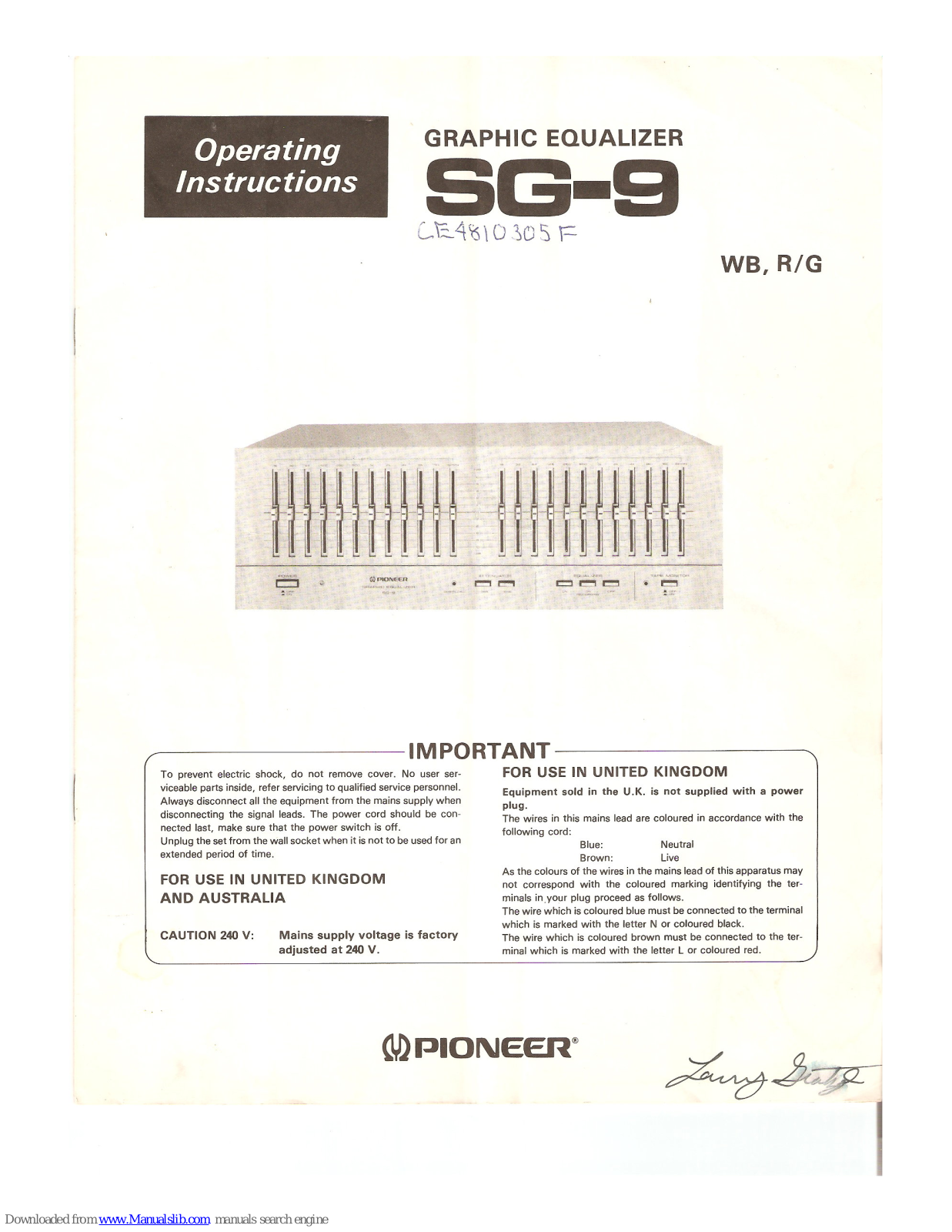 Pioneer SG-8WB, SG-9R/G Operating Instructions Manual