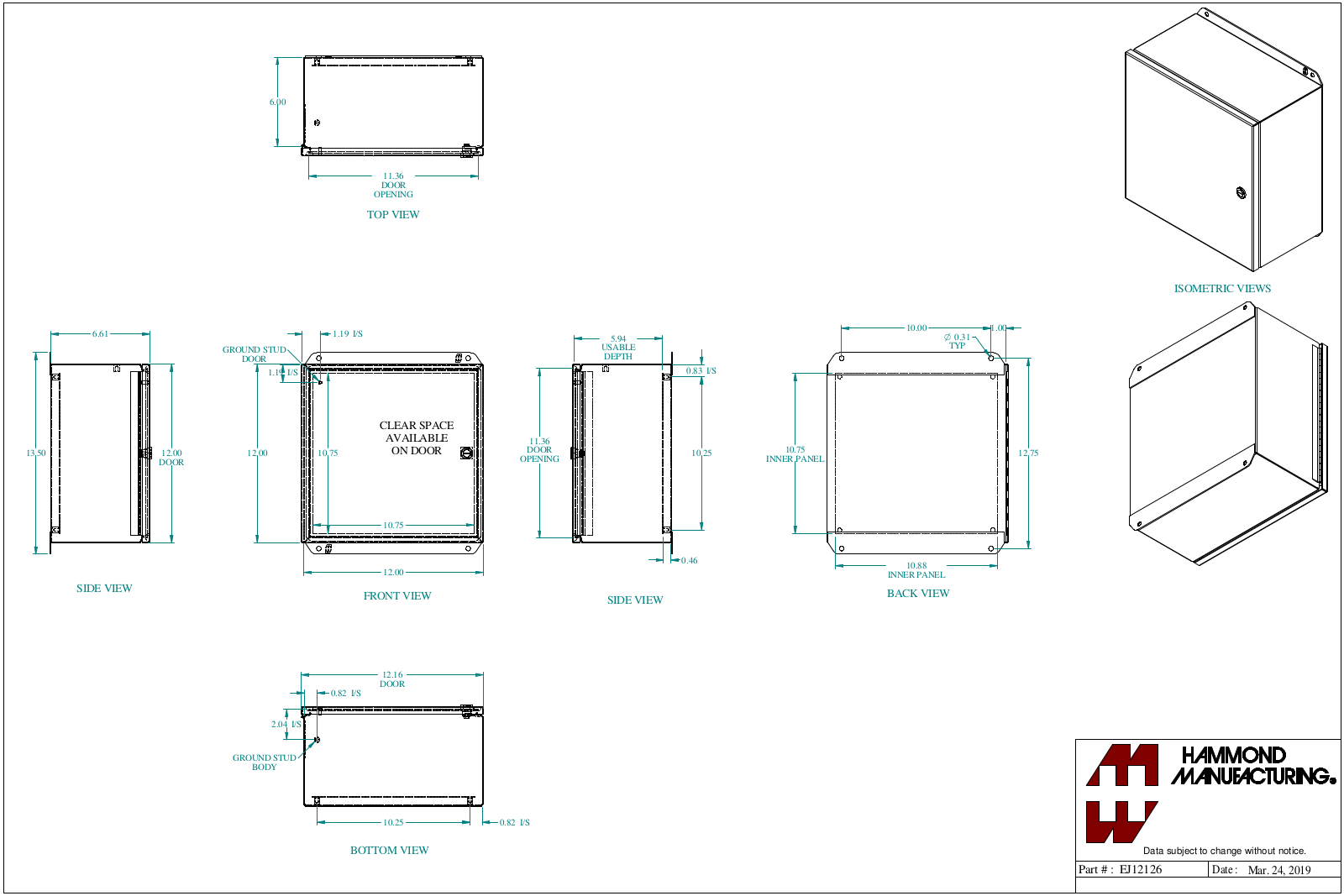 Hammond Manufacturing EJ12126 technical drawings