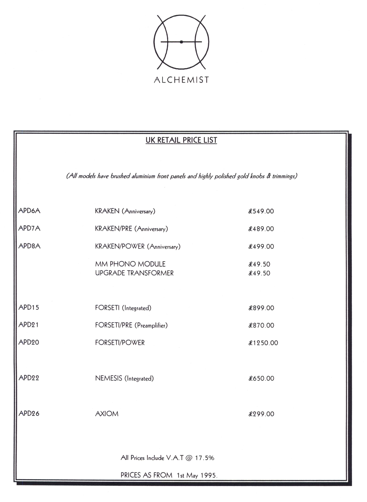 Alchemist Price list 1995 Brochure