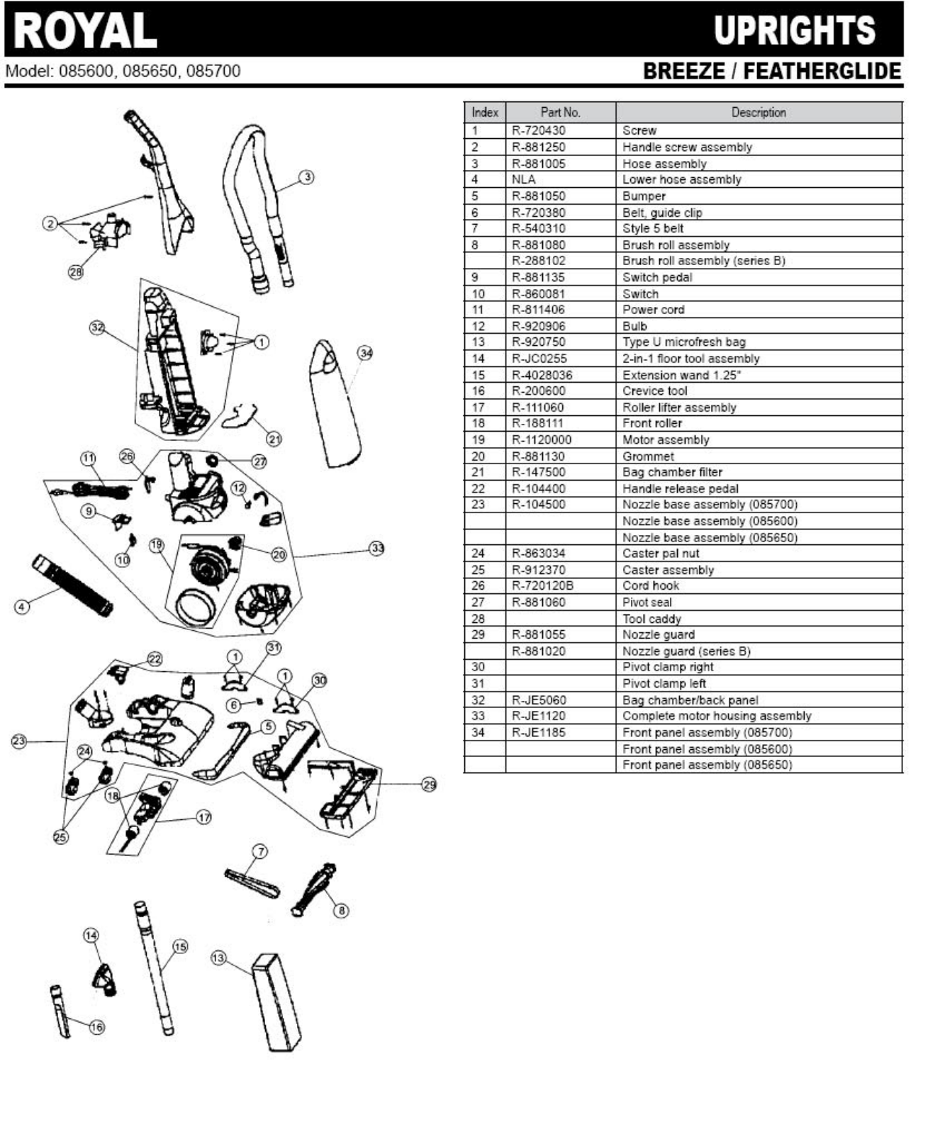 Royal 085600 Parts List