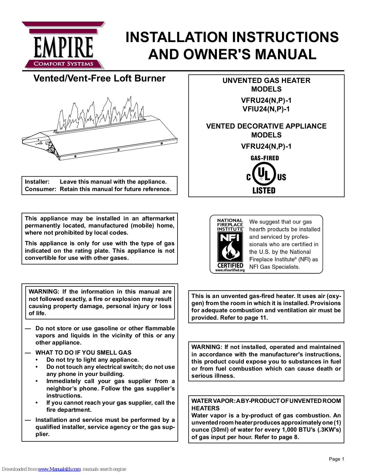 Empire VFRU24(N, P)-1, VFIU24(N, VFRU24P-1, VFRU24N-1 Installation Instructions And Owner's Manua