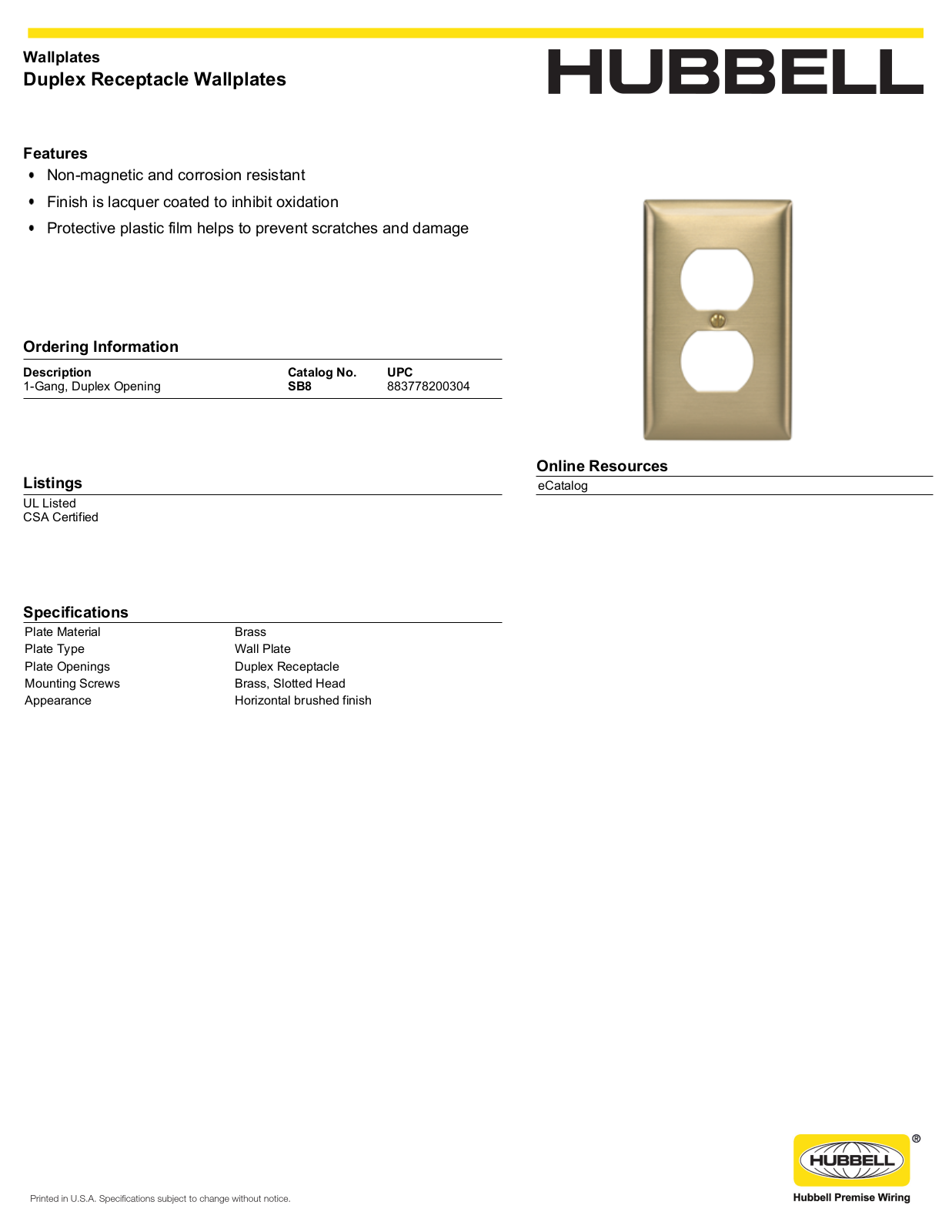 Hubbell SB8 Specifications