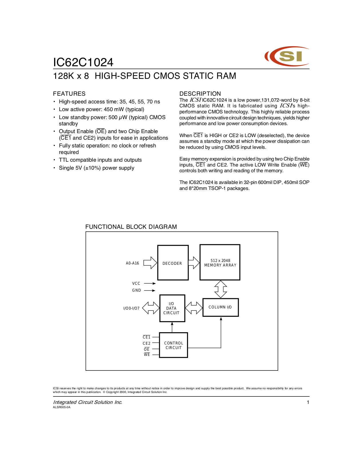 ICSI IC62C1024-35Q, IC62C1024-35QI, IC62C1024-45W, IC62C1024-45WI, IC62C1024-55Q Datasheet