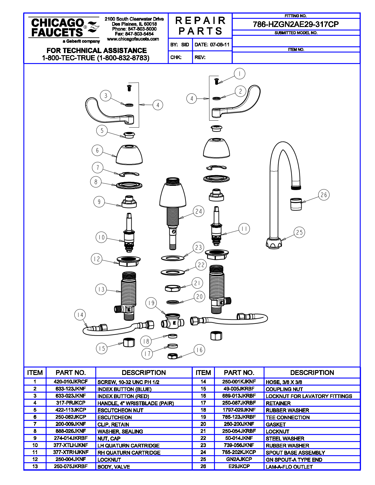 Chicago Faucet 786-HZGN2AE29-317 Parts List