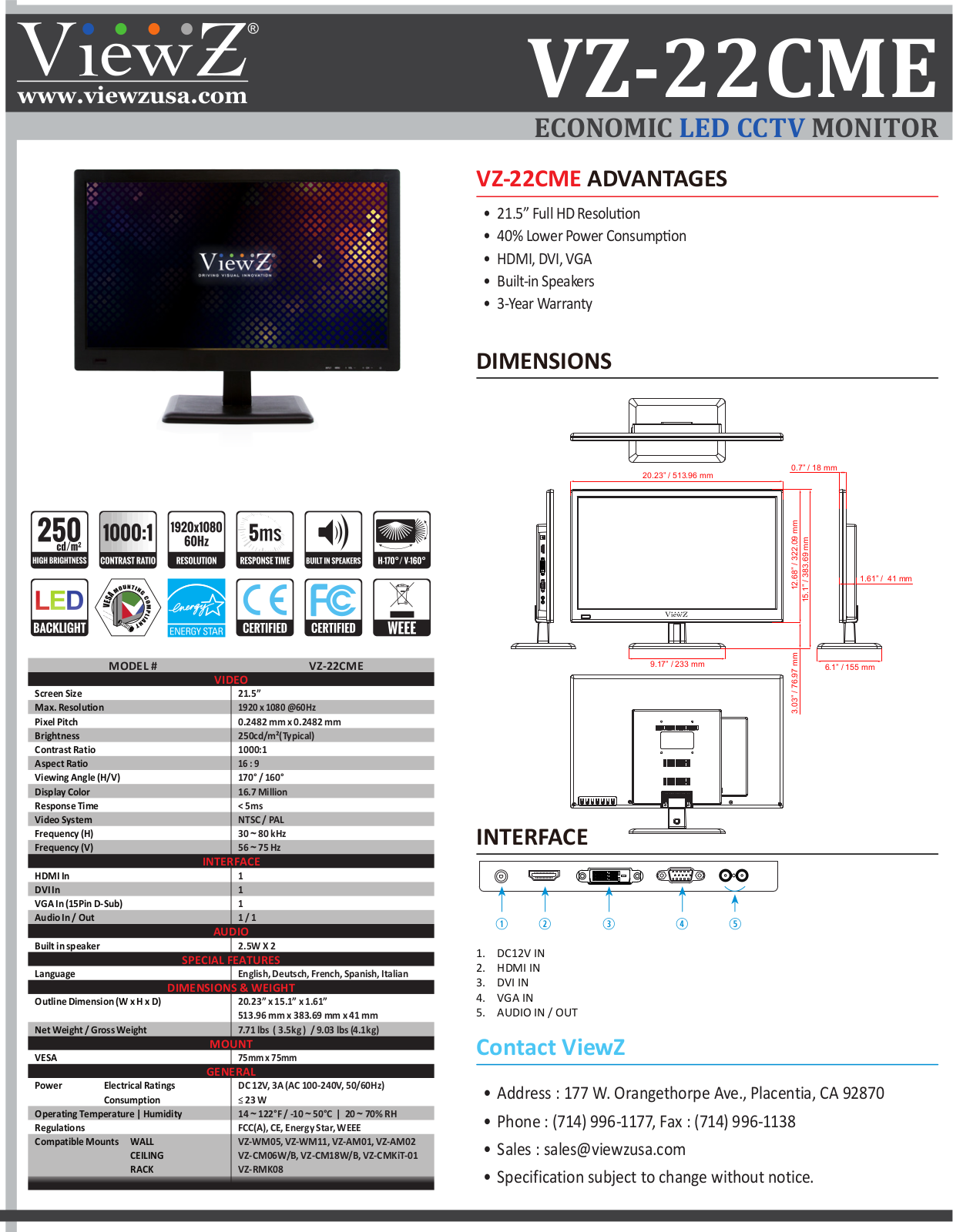 ViewZ VZ-22CME Specsheet