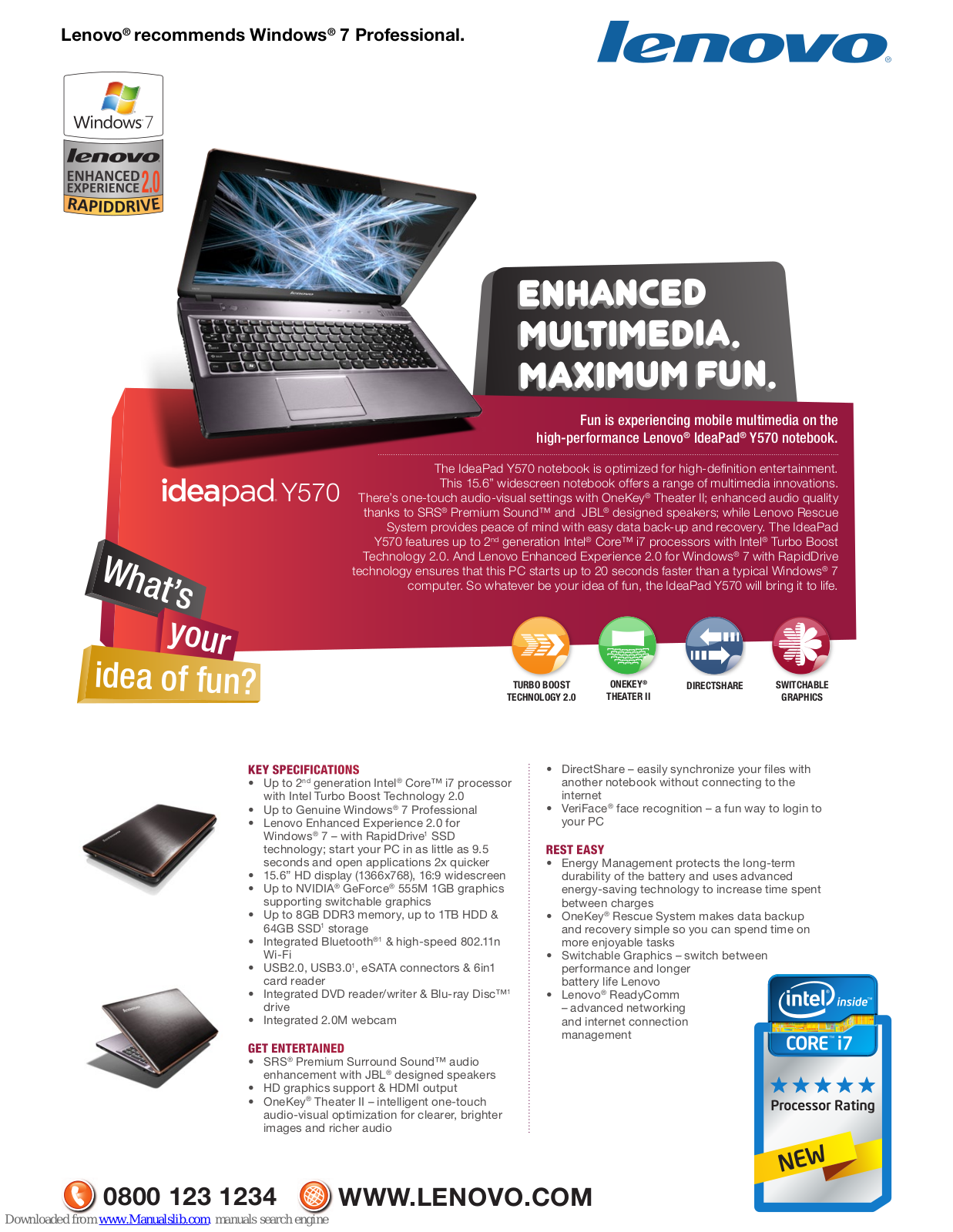 Lenovo 08622MU, 08622KU, 08623TU, 08626KU, ideapad Y570 Specifications