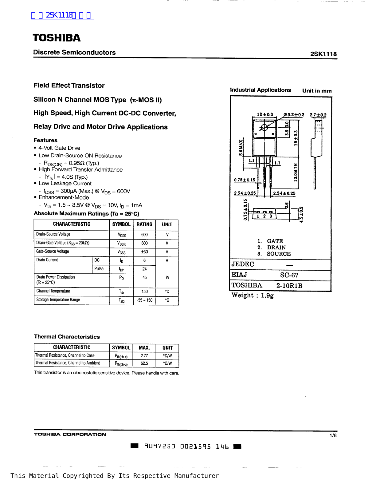 TOSHIBA 2SK1118 Technical data