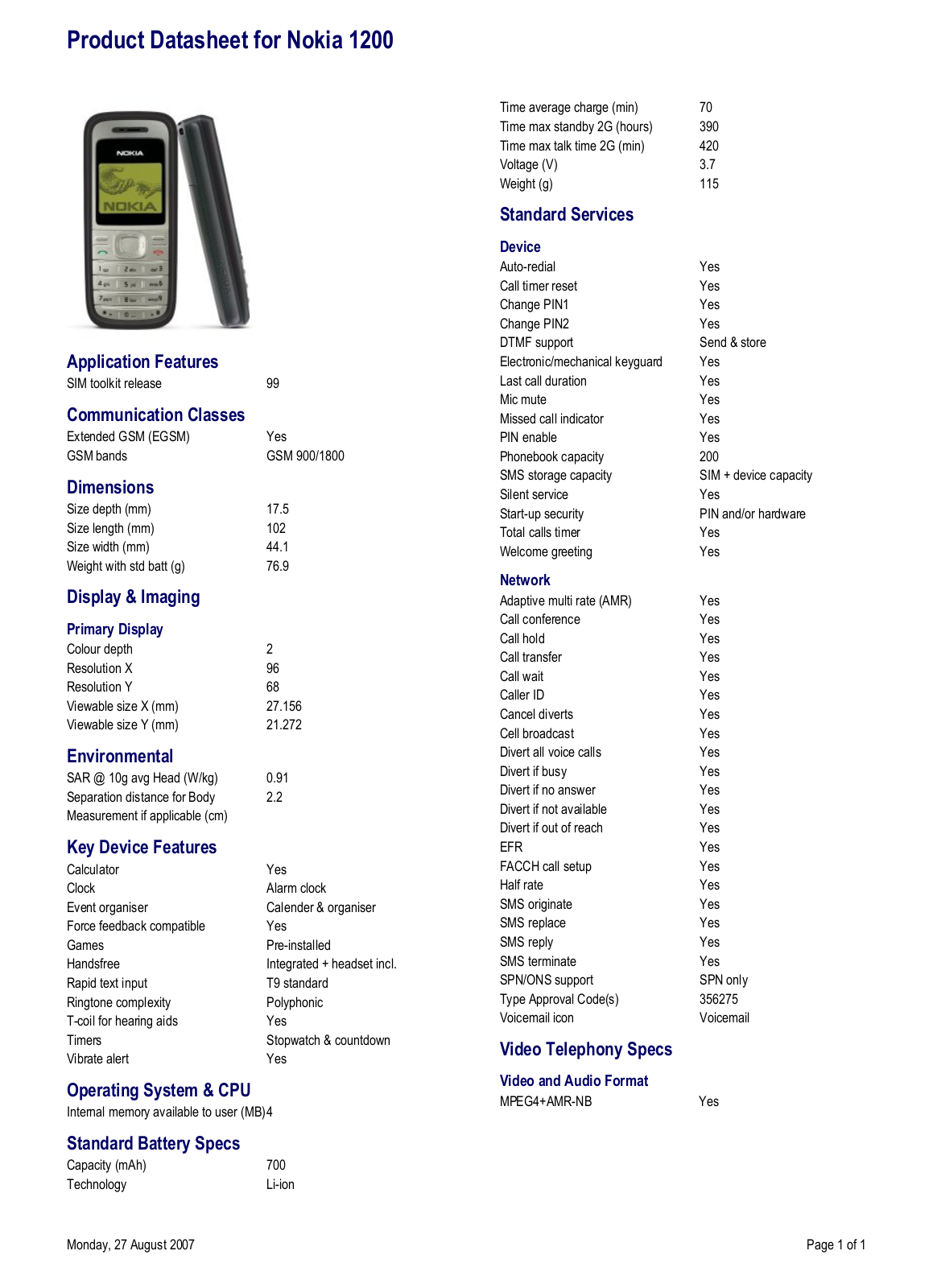 Nokia 1200 DATASHEET