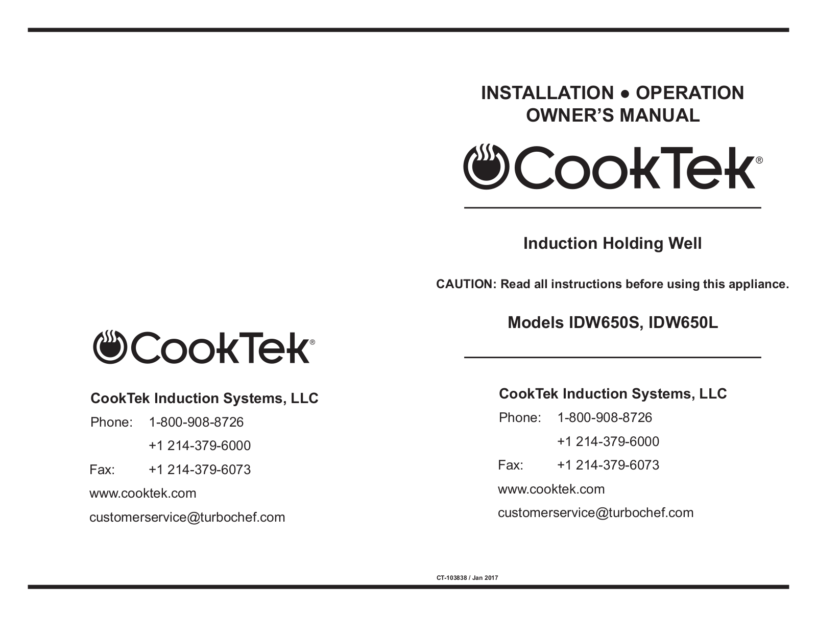 CookTek IDW652L User Manual